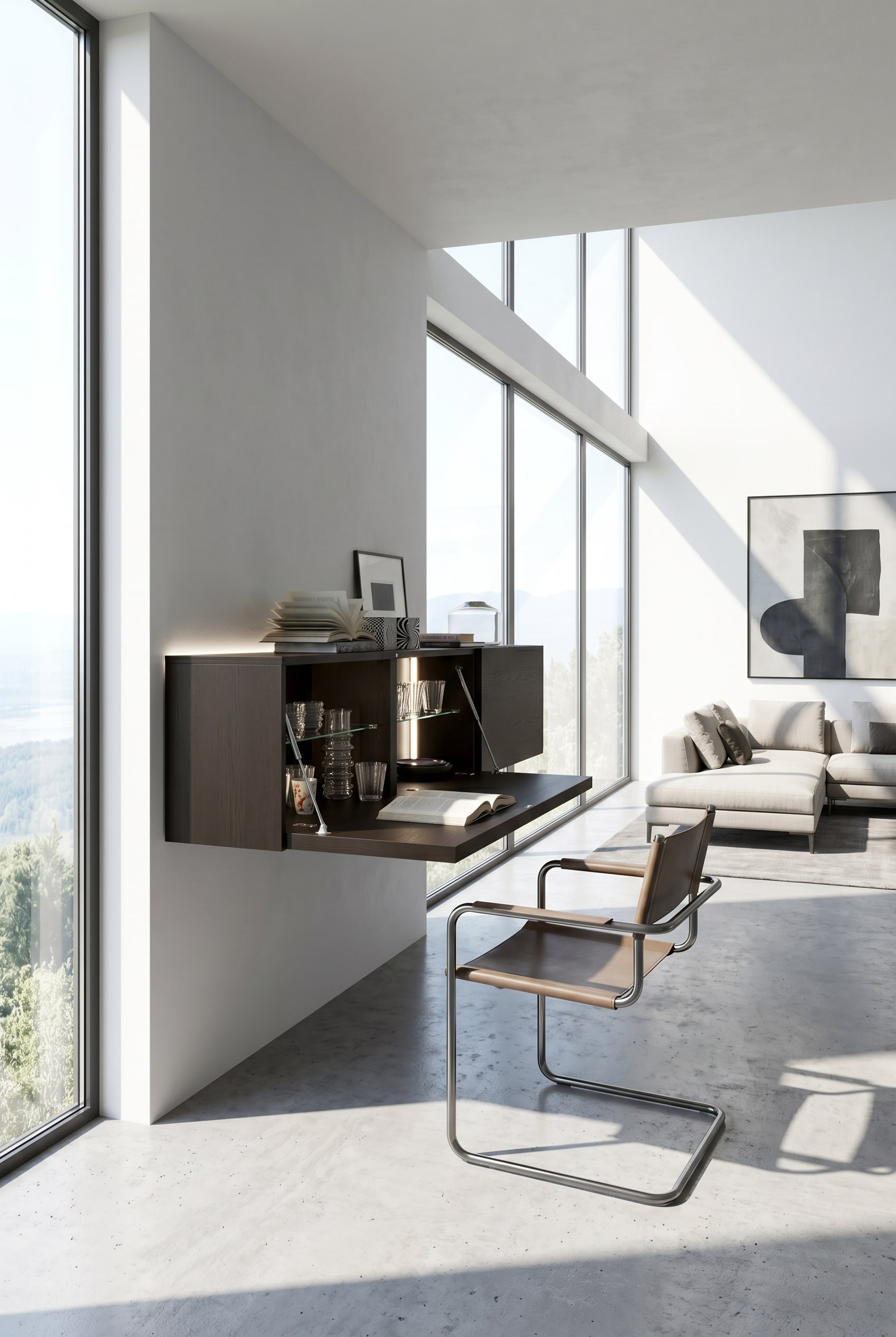 Ein eleganter H&auml;ngeschrank, der aufgeklappt als moderner Schreibtisch im Wohnzimmer dient.