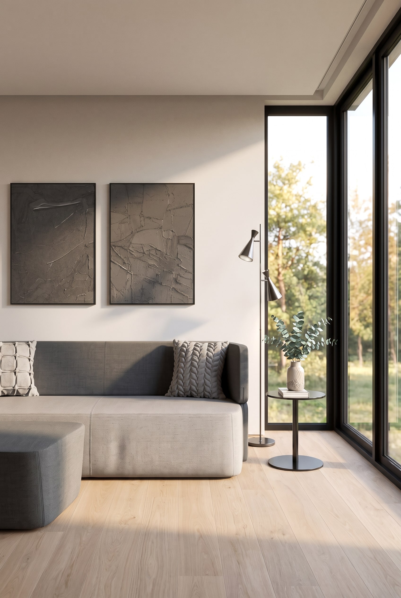 Kompaktes, modern eingerichtetes Wohnzimmer mit einem puristischen Schlafsofa in Grau und einer filigranen Bogenleuchte.