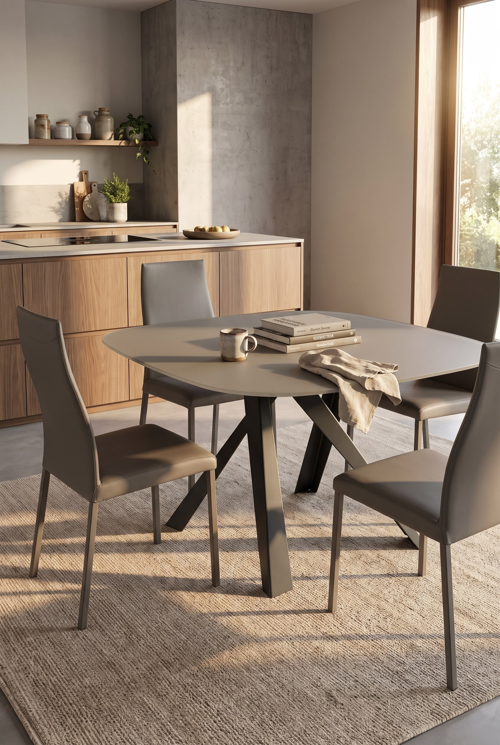 Table &agrave; manger avec plateau gris mat et pied central en &eacute;toile entour&eacute;e de quatre chaises en cuir