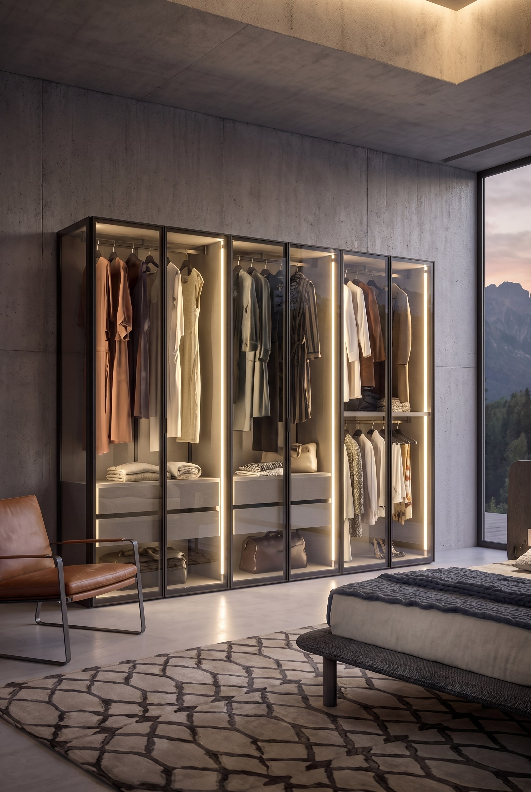 Vue détaillée d'une armoire en verre éclairée avec des vêtements soigneusement suspendus et un fauteuil en cuir marron au premier plan.