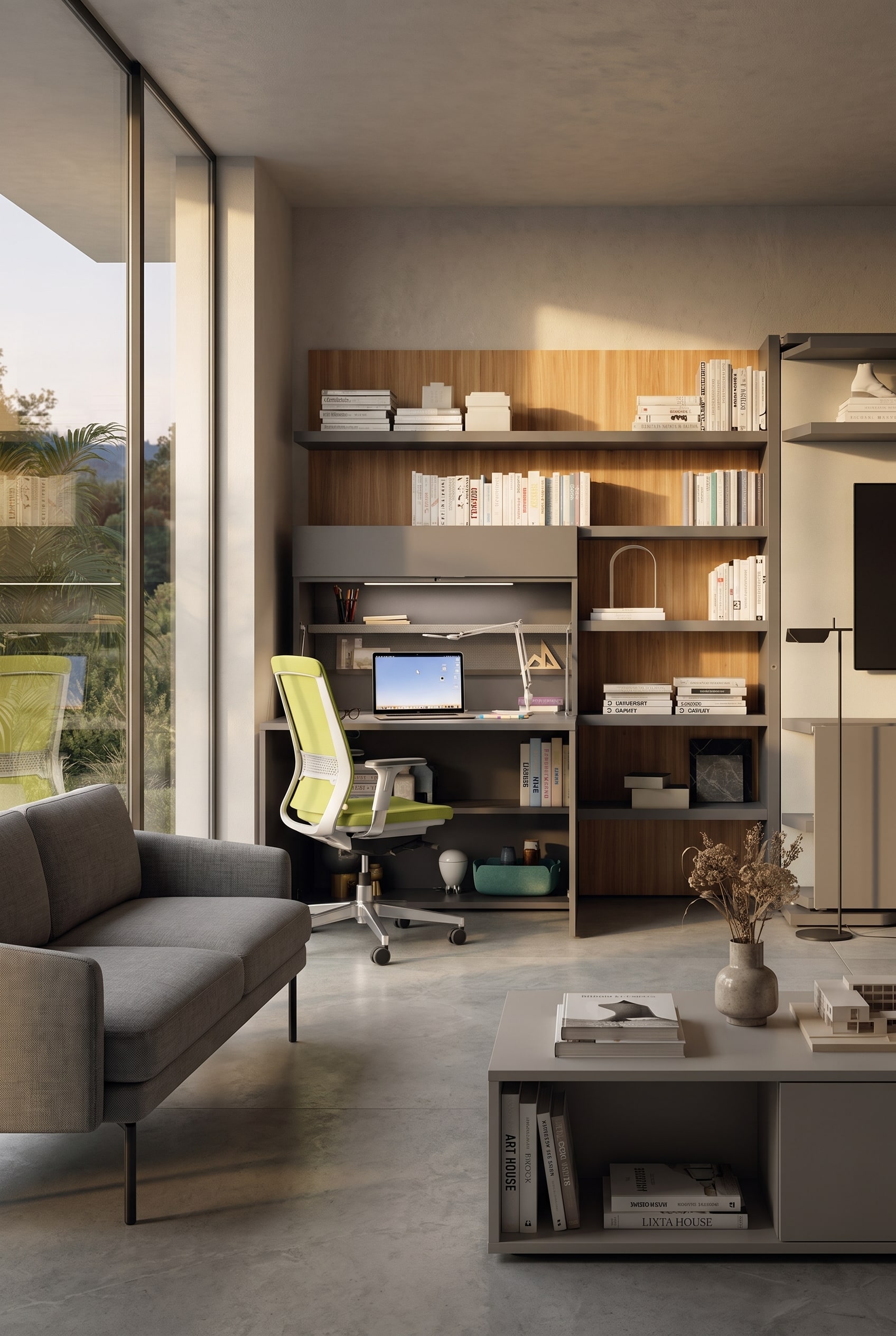 Un bureau &agrave; domicile lumineux et minimaliste avec une chaise de bureau ergonomique et un bureau int&eacute;gr&eacute; dans un highboard.