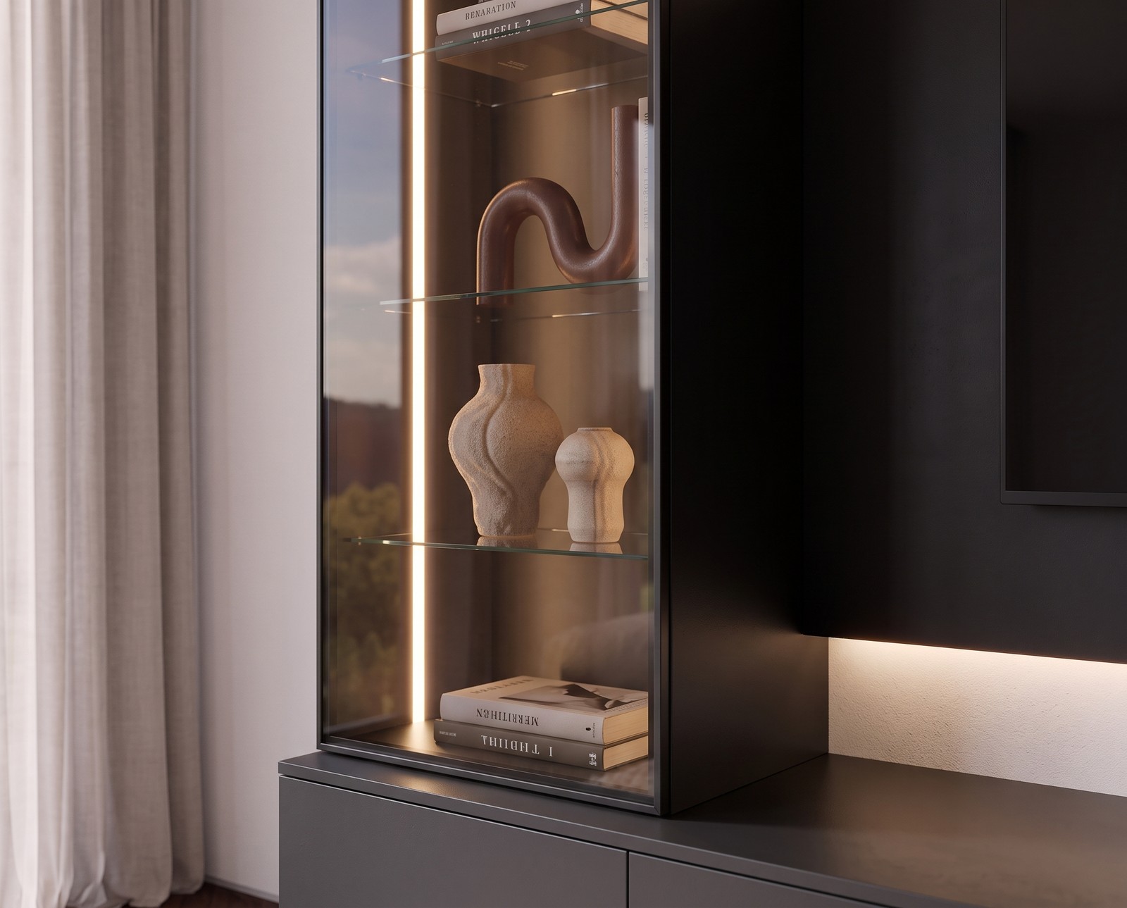 Glasvitrine mit Rauchglas und LED der Wohnwand C109 in Schwarz Glasvitrine mit Rauchglas und LED der Wohnwand C109 in Schwarz