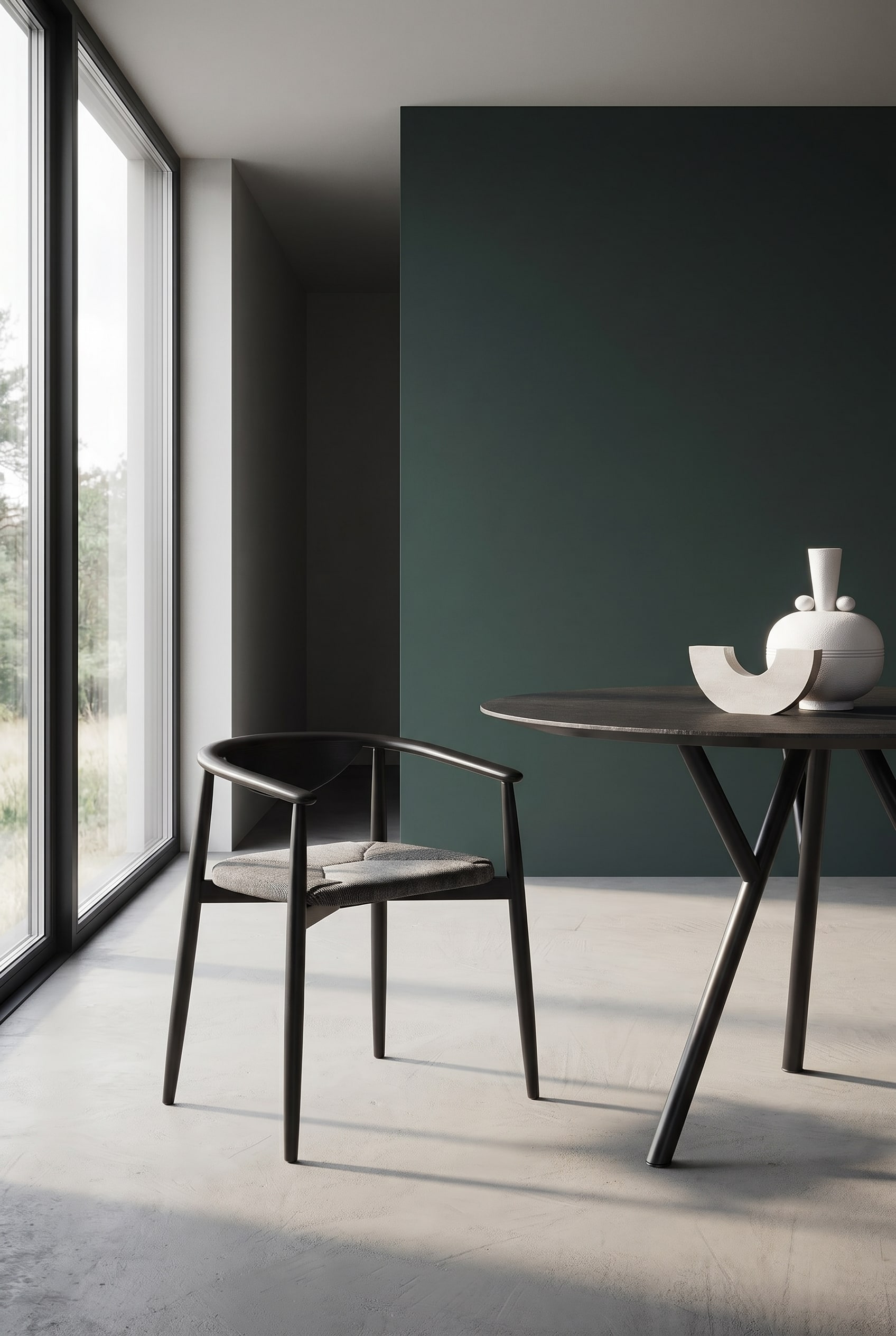 Salle &agrave; manger vert fonc&eacute; avec chaise design noire en fr&ecirc;ne et assise rembourr&eacute;e textur&eacute;e autour d'une table &agrave; manger ronde noire