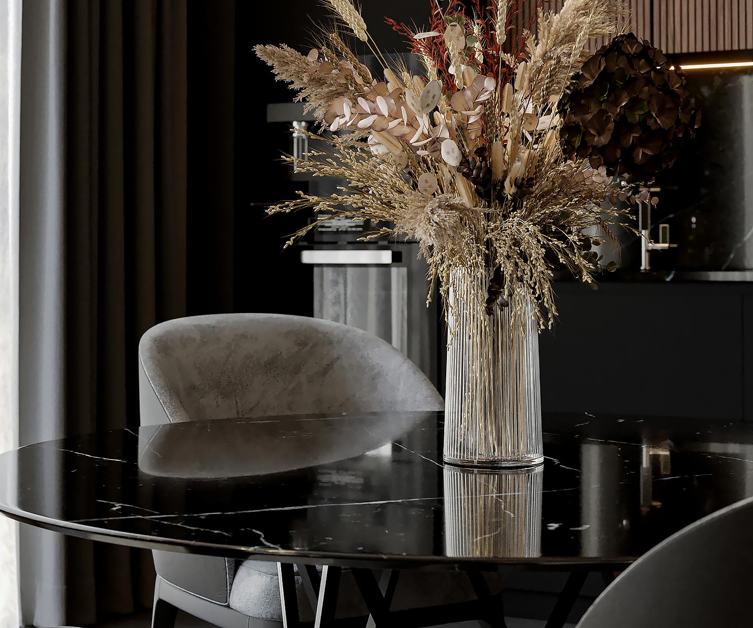 Black Black Marble Table à manger ronde avec chaise en velours