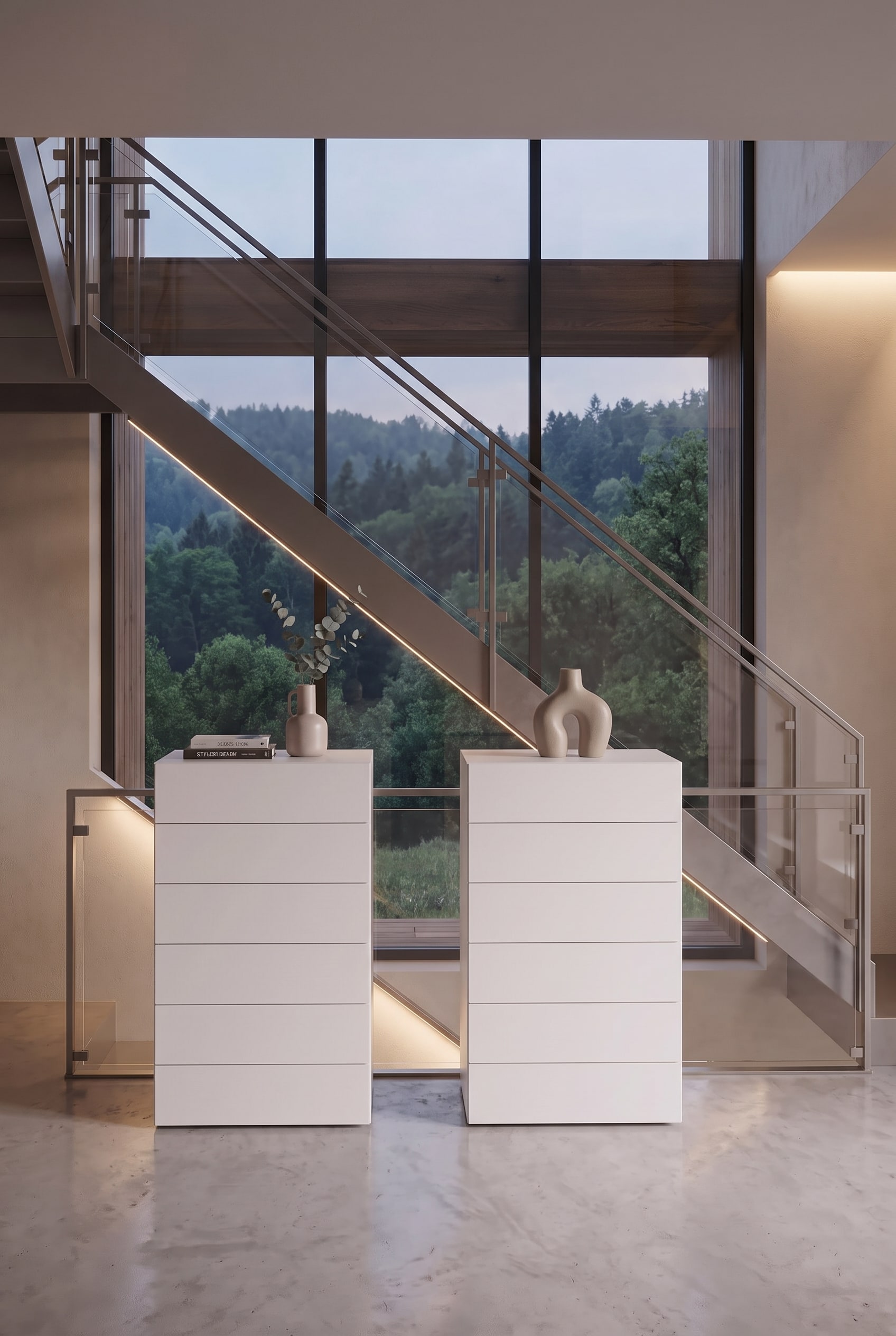 Vue frontale de deux commodes hautes blanches dans un escalier moderne devant une grande fen&ecirc;tre panoramique.