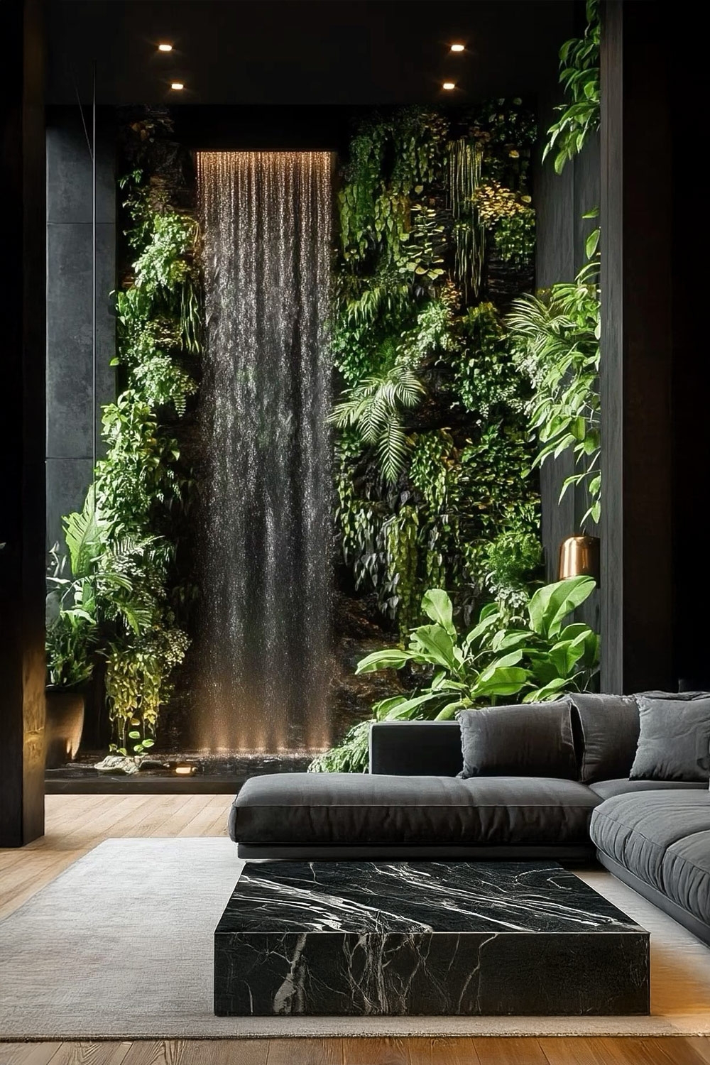 salon-amenage-de-maniere-extravagante-avec-canape-gris-table-en-marbre-et-paysage-de-cascade-d-aspect-naturel