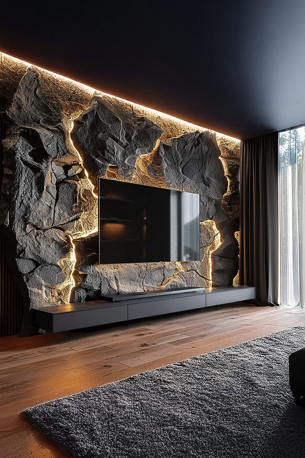 wohnzimmer-mit-markanter-steinwand-ueber-lowboard