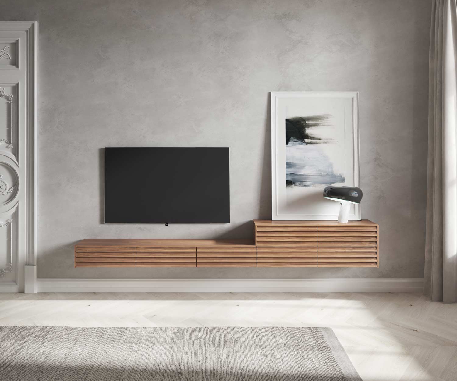 Punt Sussex Design Konfigurator hängendes Design Lowboard an der Wand mit TV