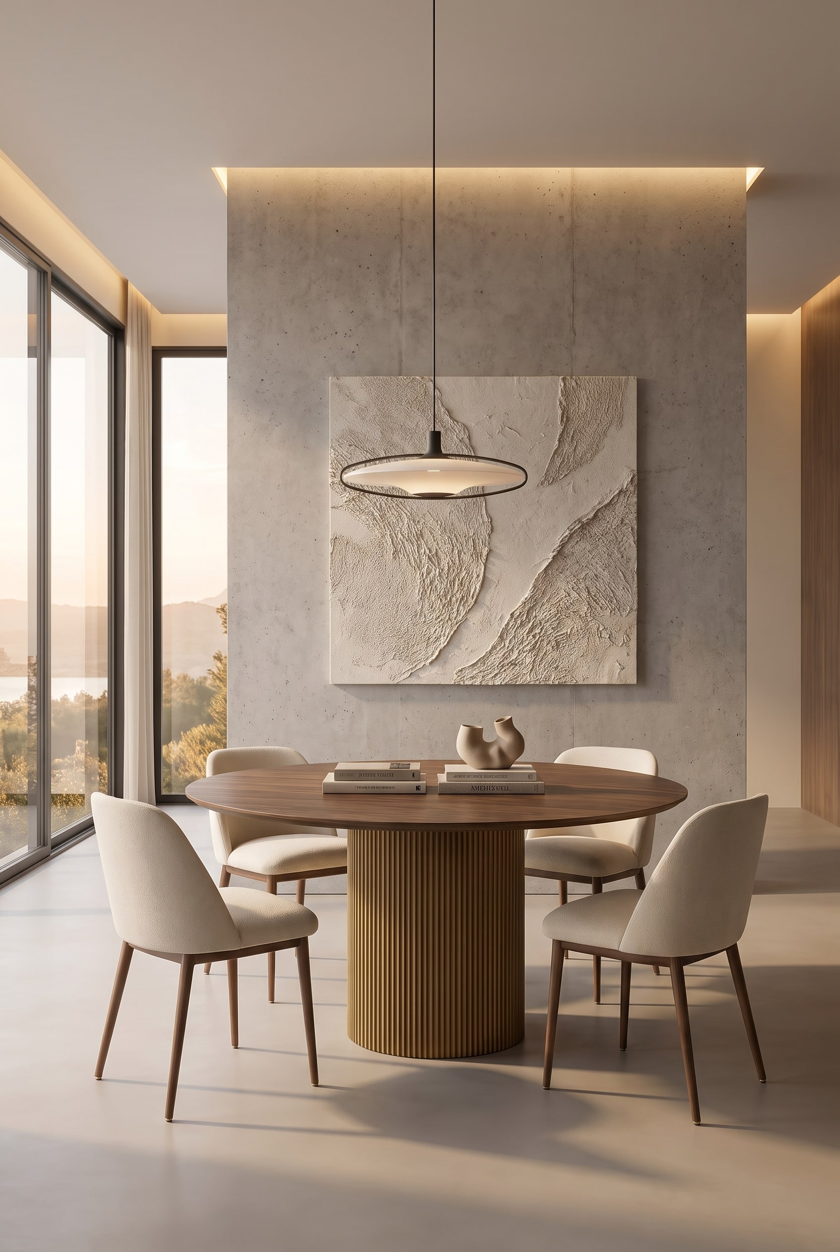 Une table de salle à manger ronde et moderne avec un pied central cannelé, au-dessus de laquelle est suspendue une œuvre d'art généreuse, de format portrait, parfaitement centrée sur le mur.
