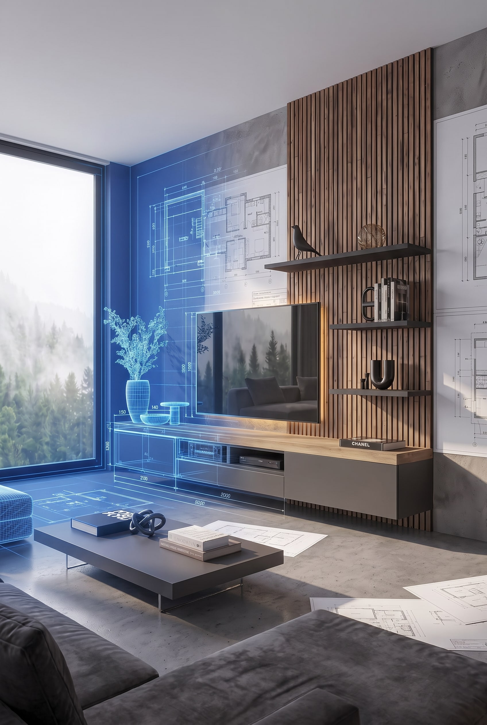 Diff&eacute;rentes largeurs du meuble TV Livitalia C101 dans une visualisation 3D