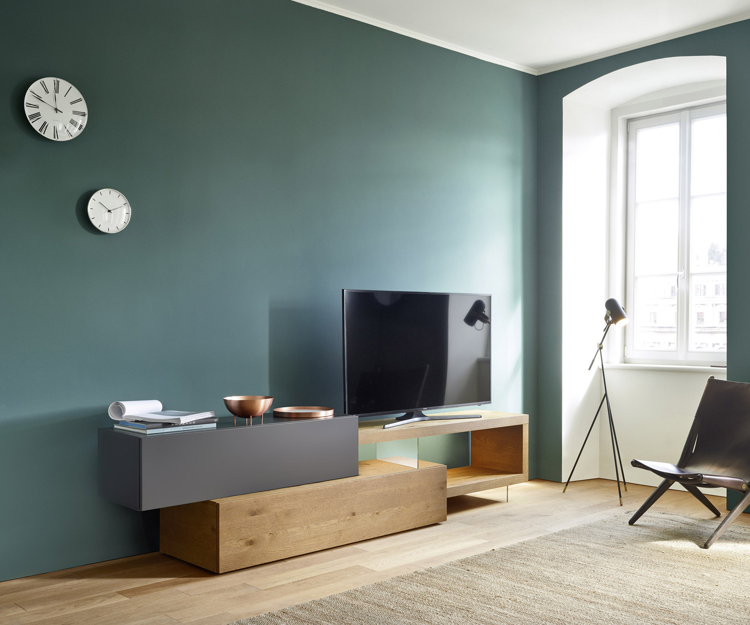 Meuble TV design exclusif Livitalia C32 en gris mat Design Lowboard pour TV compartiment ouvert