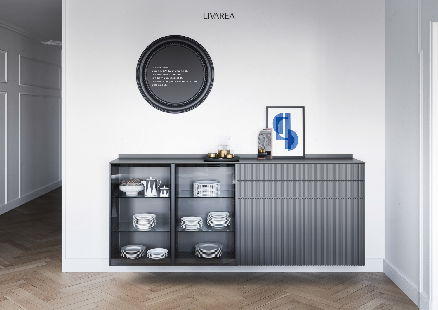 Armoire vitrine exclusive avec portes vitrées et tiroirs flottant sur le mur Armoire vitrine exclusive avec portes vitrées et tiroirs flottant sur le mur