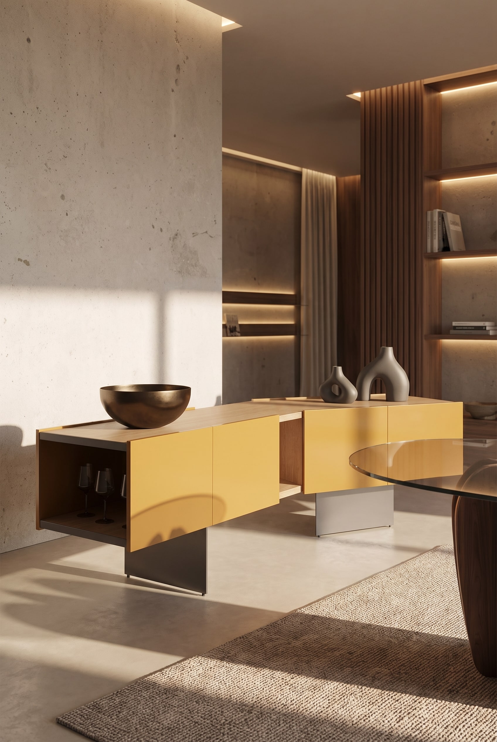 Minimalistisch dekoriertes Punt Toscana Firenze Sideboard mit gro&szlig;er asymmetrisch platzierter Bronze-Schale