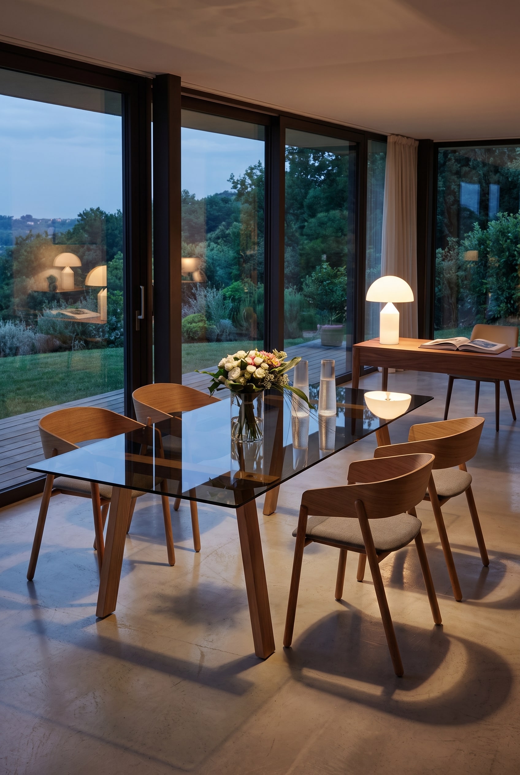 Salle à manger lumineuse avec une chaise filigrane en bois massif de chêne devant un mur blanc minimaliste