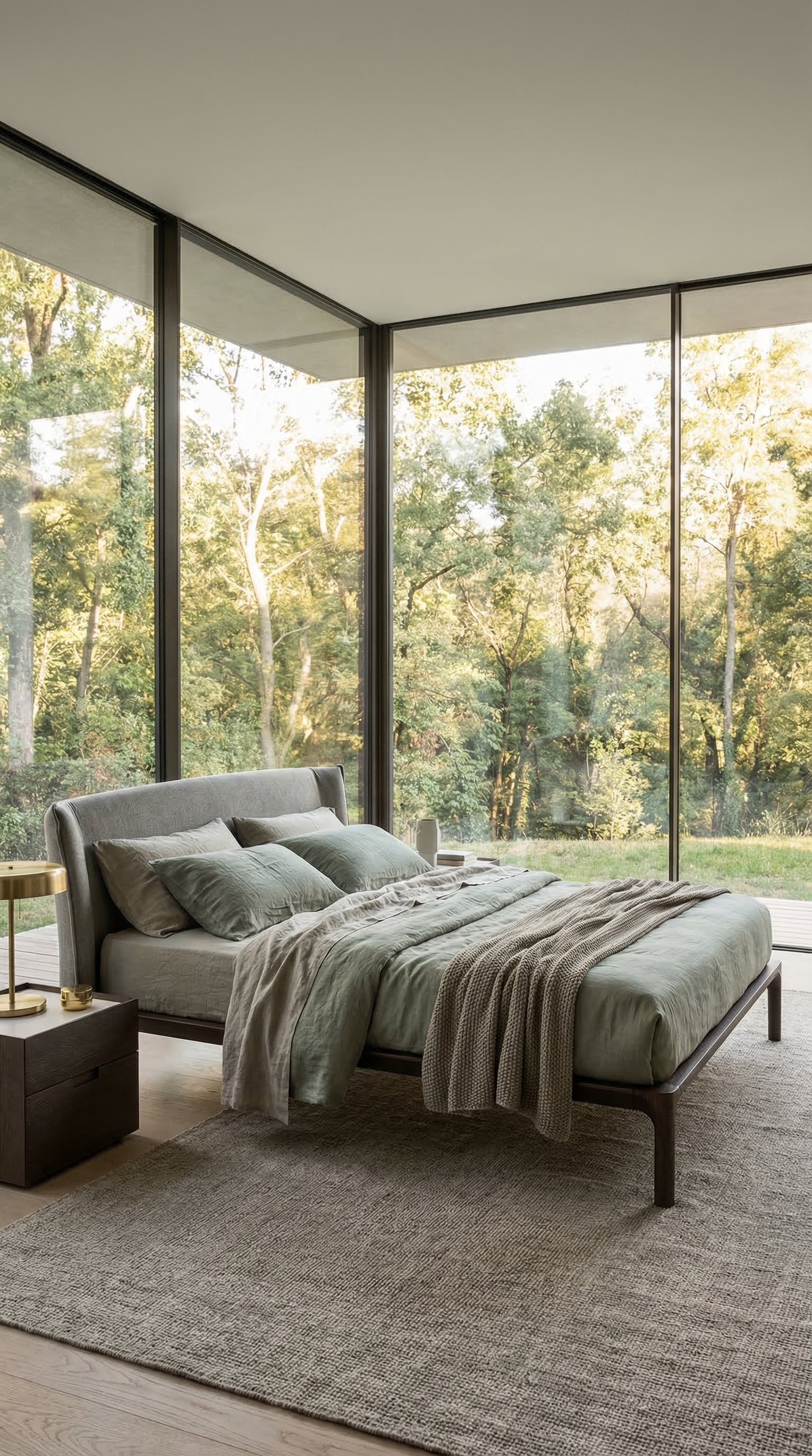 Nat&uuml;rliches Schlafzimmer mit ungeb&uuml;geltem Leinenbettbezug in Erdt&ouml;nen