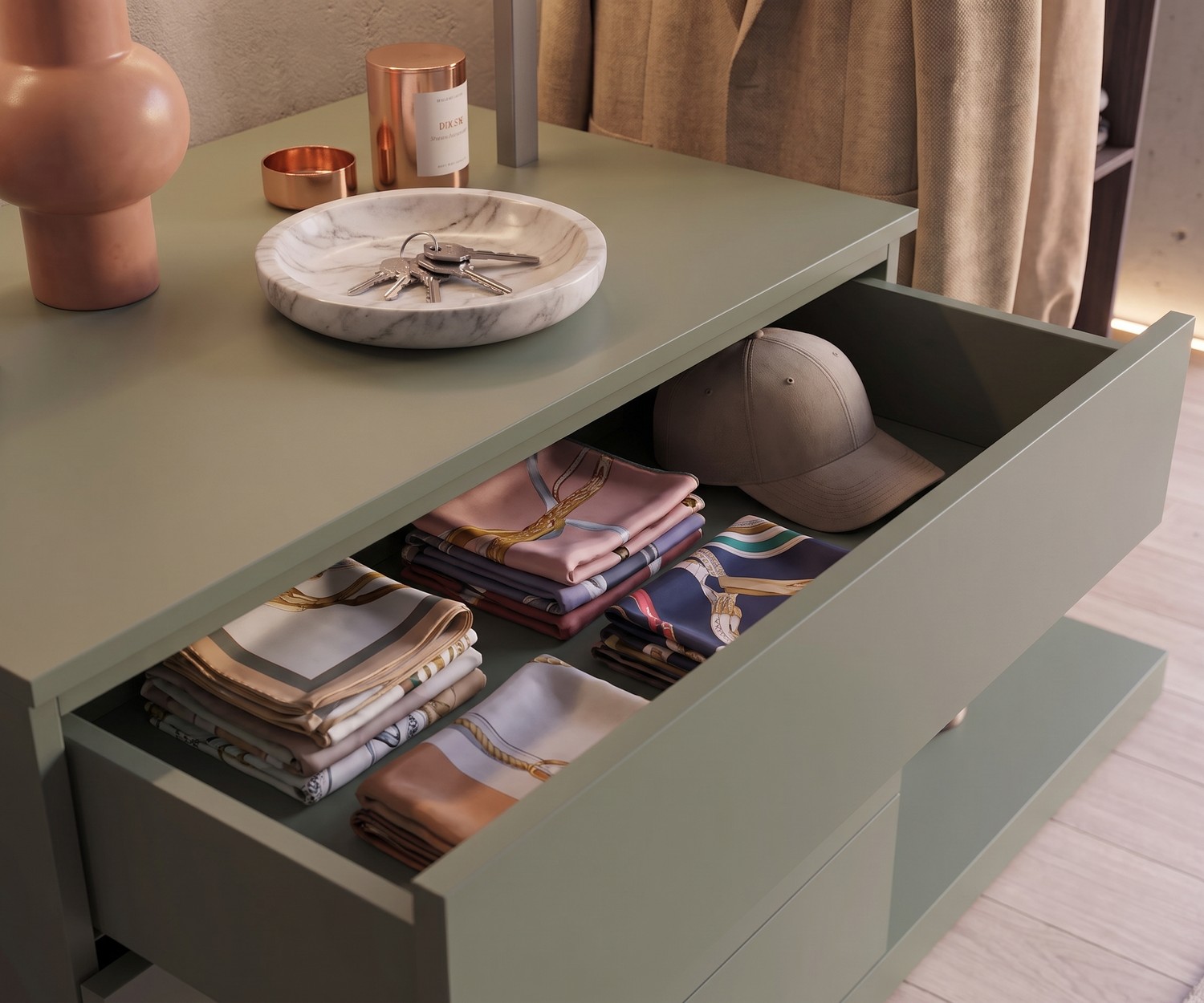 Commode d'entrée Easy 4 avec garde-robe verte Commode d'entrée Easy 4 avec garde-robe Novamobili en vert, tiroir ouvert pour accessoires, style italien moderne.