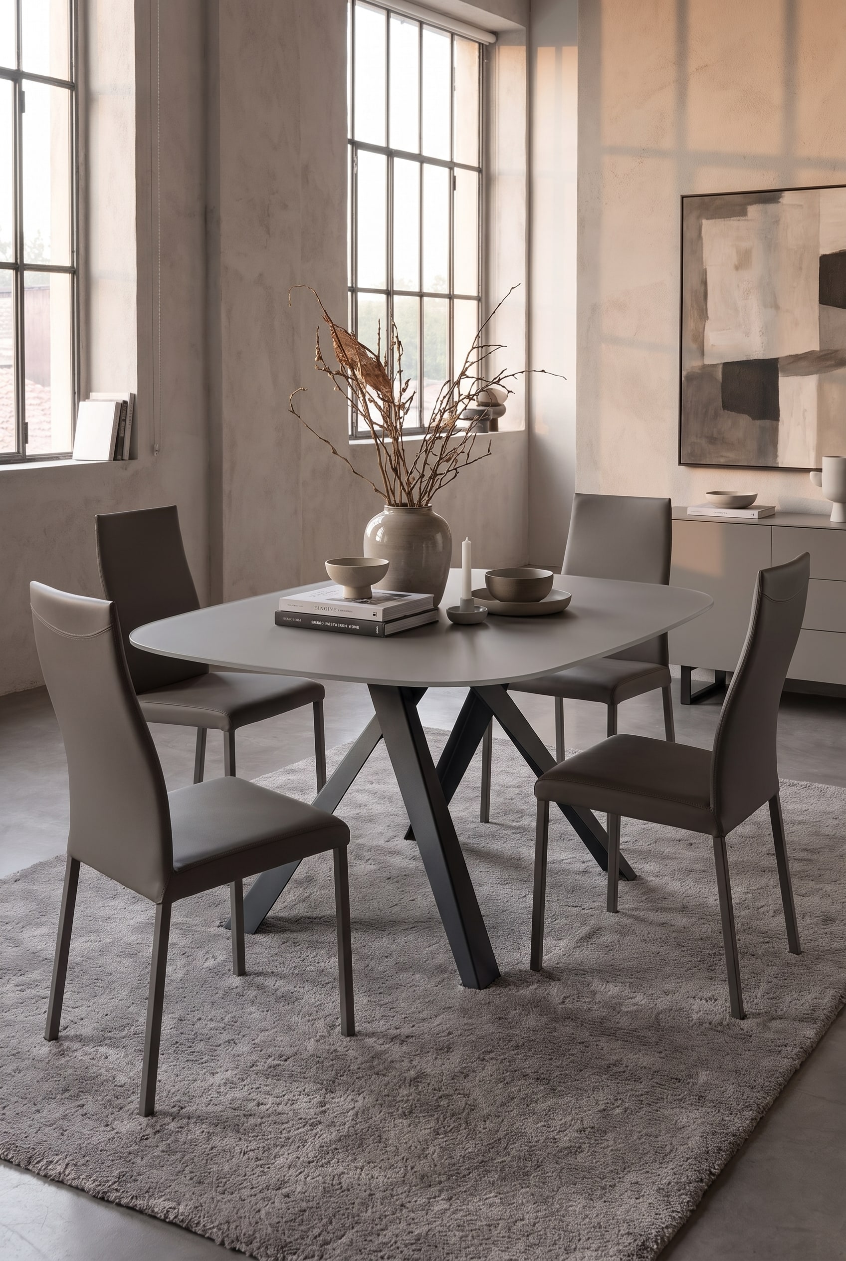 Table &agrave; manger en forme de tonneau grise avec des pieds noirs distinctifs entour&eacute;e de quatre chaises en cuir dans un loft
