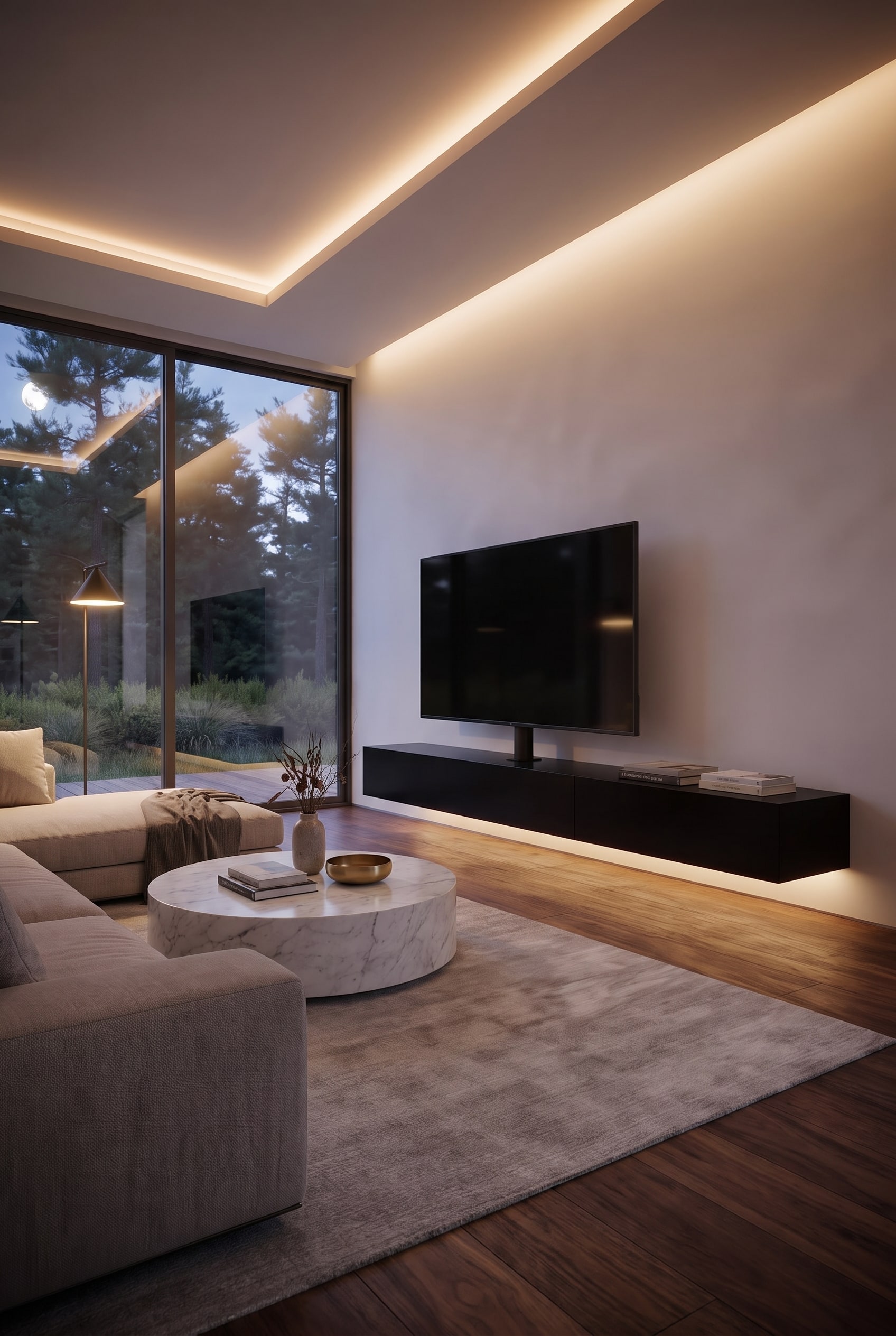 Puristisches Wohnzimmer mit schwebendem, anthrazitfarbenem Lowboard, integrierter TV-Halterung und Holzboden