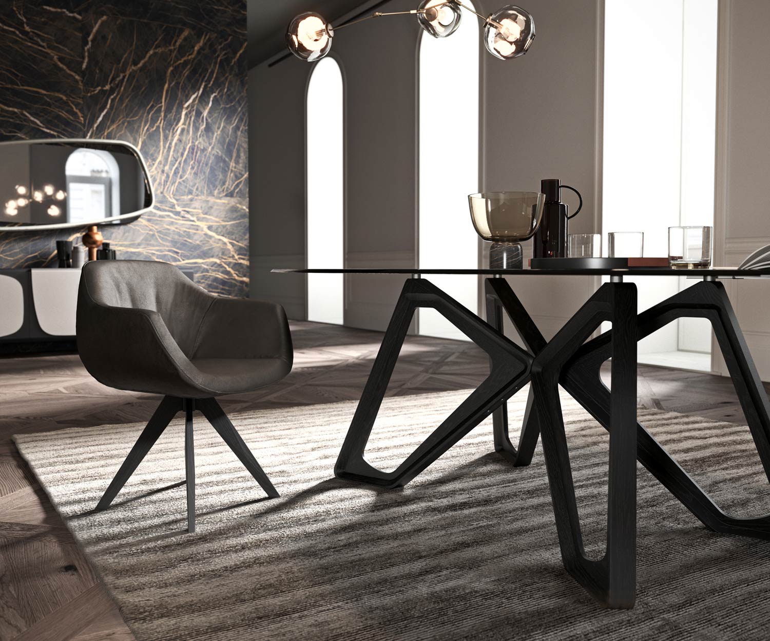Plateau de table transparent Ozzio Papillon Table de salle à manger salon Piètement en chêne