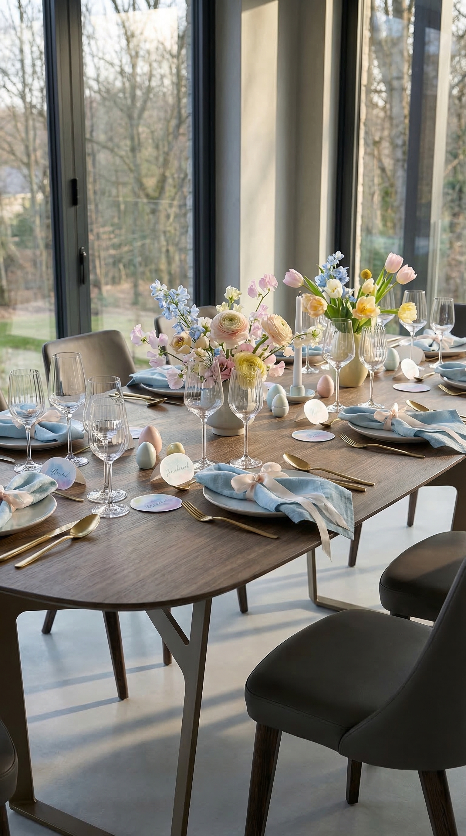 Une table &agrave; manger &eacute;l&eacute;gante pour un d&icirc;ner printanier entre amis, bleu glacier et couverts dor&eacute;s.