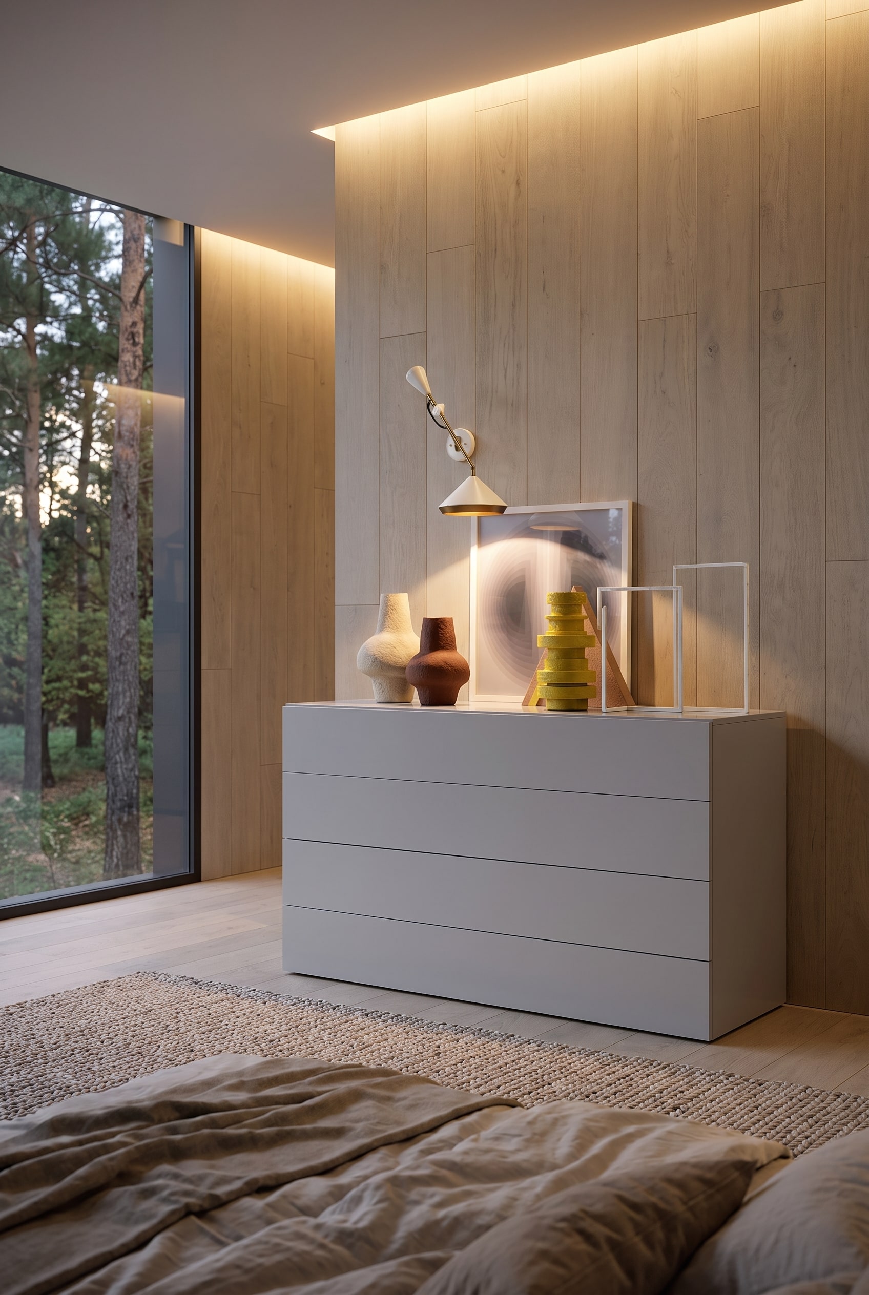 Chambre moderne avec une commode simple à quatre tiroirs, sur laquelle se trouvent une lampe de table et des vases en céramique