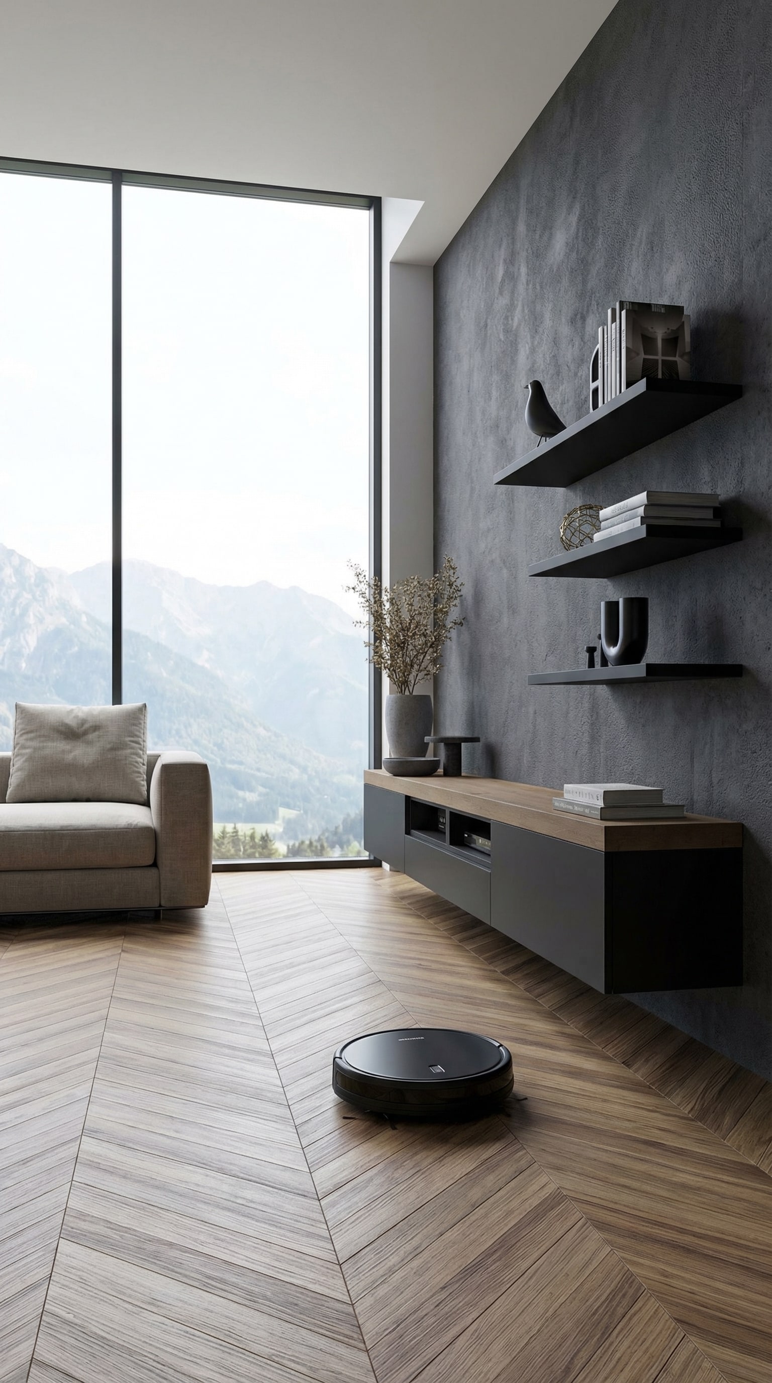 Un lowboard sombre et mural dans un salon élégant Un lowboard sombre et mural dans un salon élégant