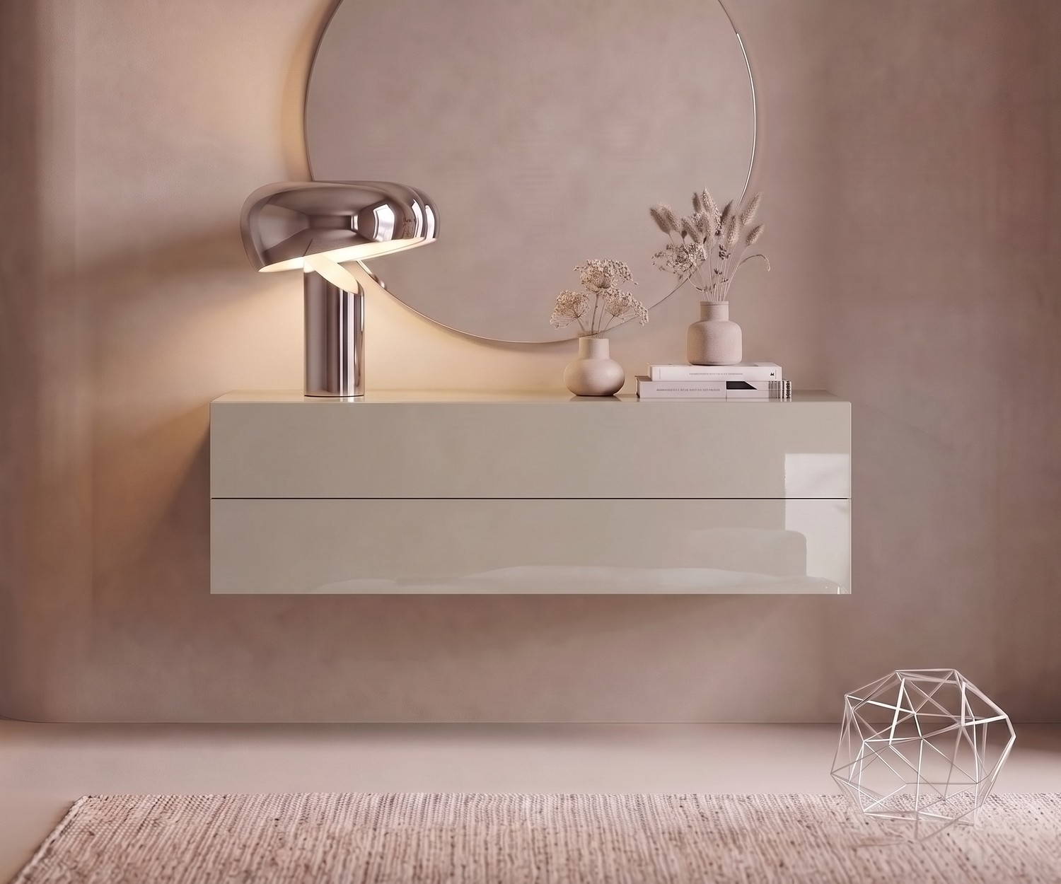 Commode suspendue Novamobili Easy beige brillant Commode suspendue Easy de Novamobili. Console d'entrée moderne beige brillant avec tiroirs, miroir et lampe.
