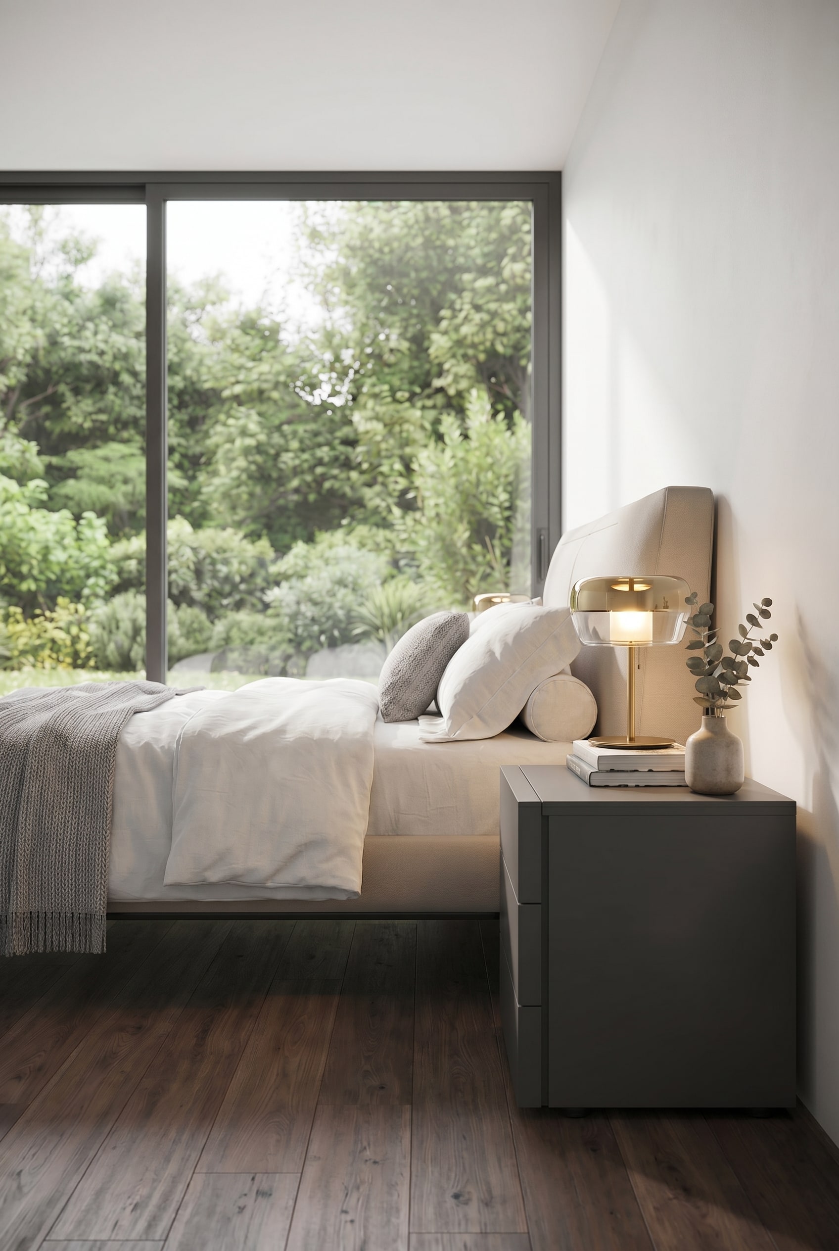 La table de chevet Livitalia Valeo avec 3 tiroirs dans un environnement de chambre moderne.