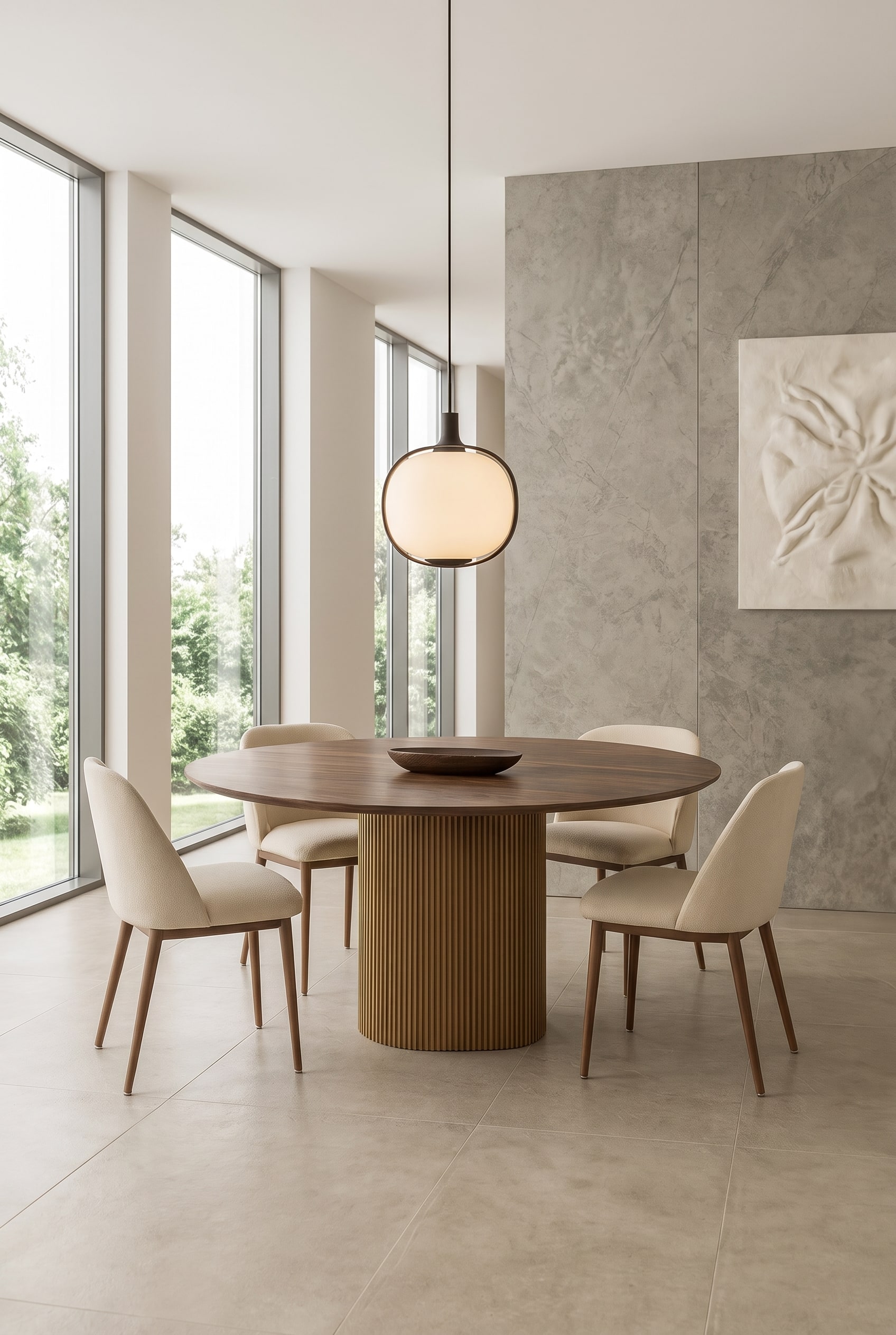 Elegantes Esszimmer mit rundem Holztisch, geriffeltem Säulenfuß und modernen Polsterstühlen