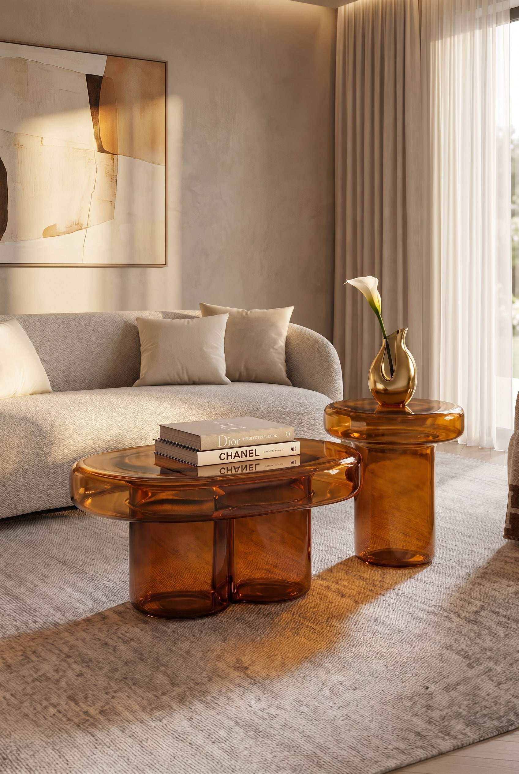 Salon minimaliste avec une table en verre ovale et sculpturale en verre de Murano couleur ambre, qui reflète la lumière naturelle.