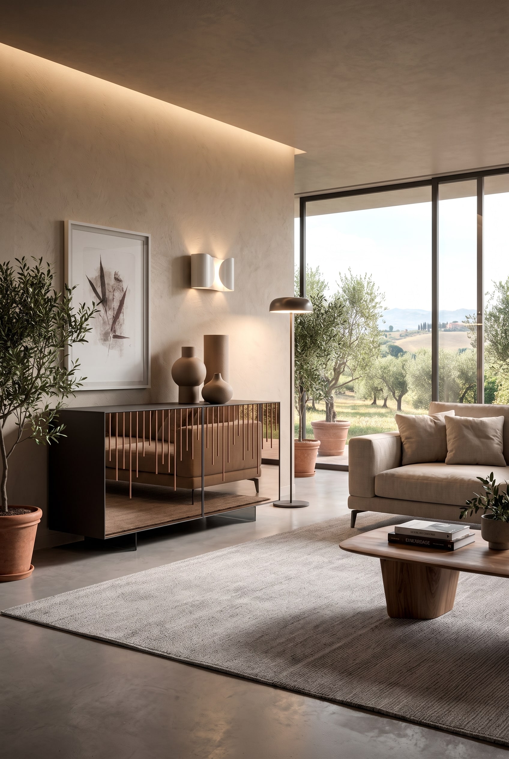 Buffet en verre miroir Ozzio Rain d&eacute;cor&eacute; de vases en c&eacute;ramique mats faits &agrave; la main pour une rupture tactile