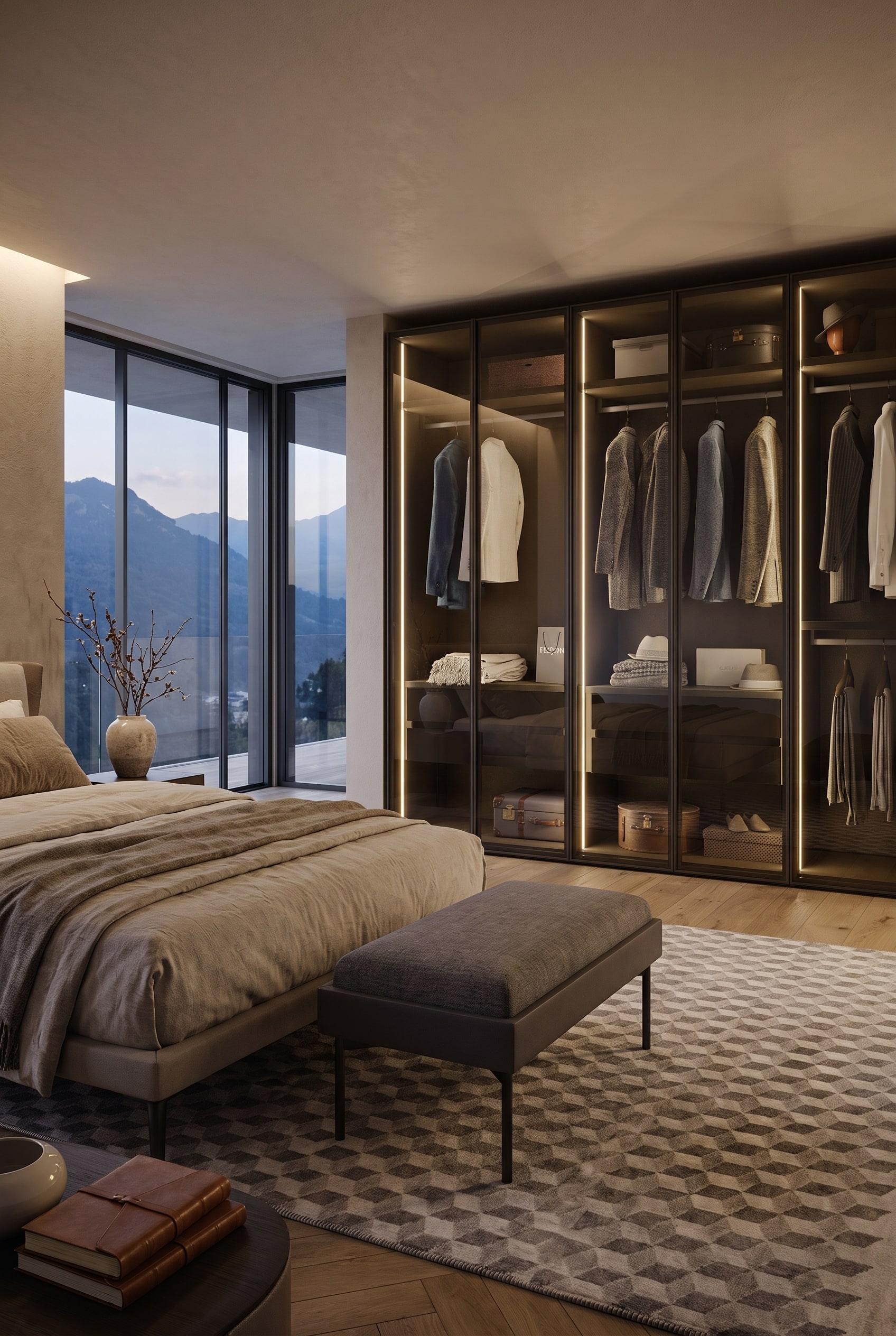 Modernes Schlafzimmer mit nahtlos integriertem, beleuchtetem Glas-Kleiderschrank, einem Polsterbett und großen Fenstern mit Bergblick.