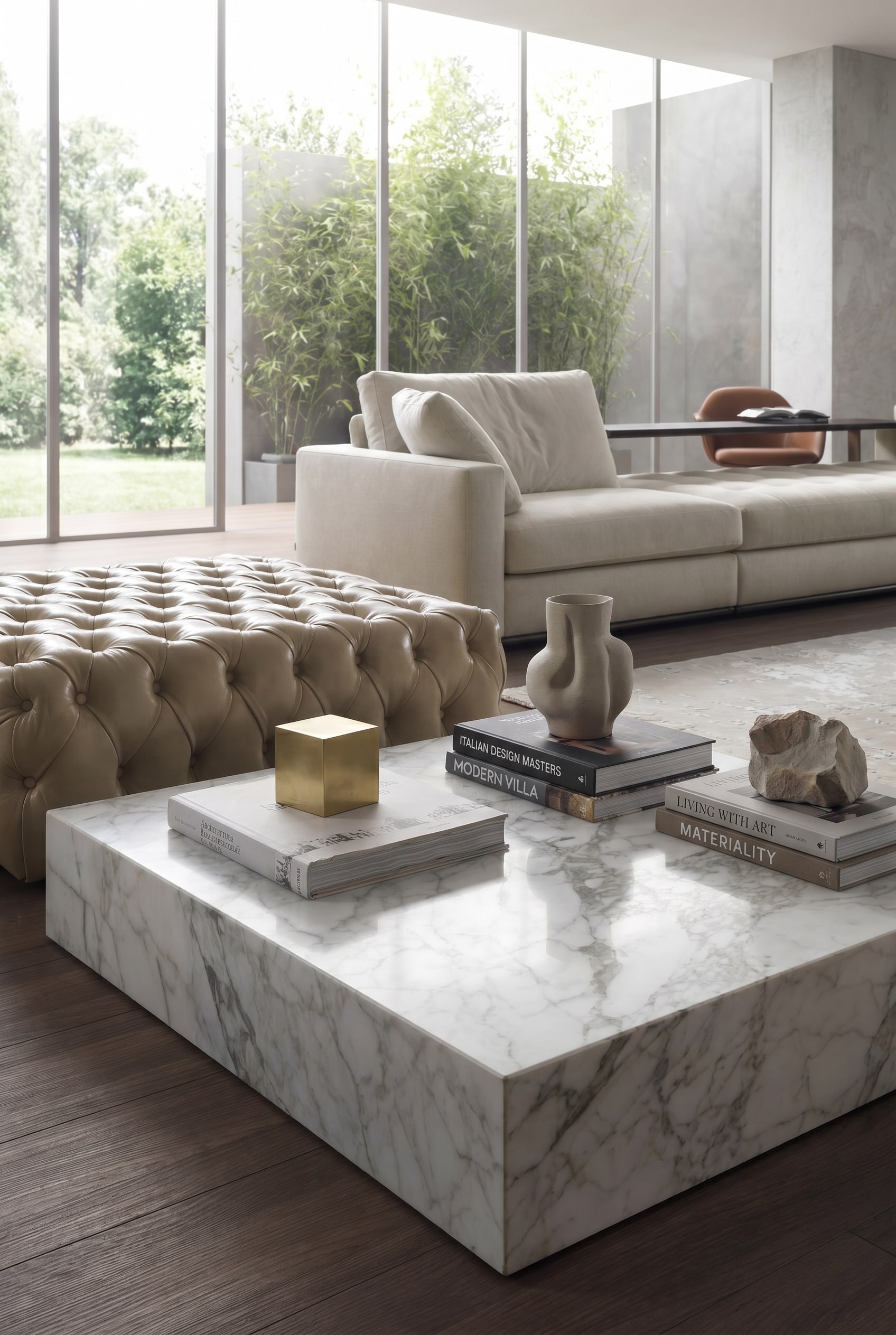 Wohnzimmer mit massivem, blockartigem Marmor-Couchtisch, asymmetrisch dekoriert mit einem großen A3-Bildband und einem Messing-Briefbeschwerer