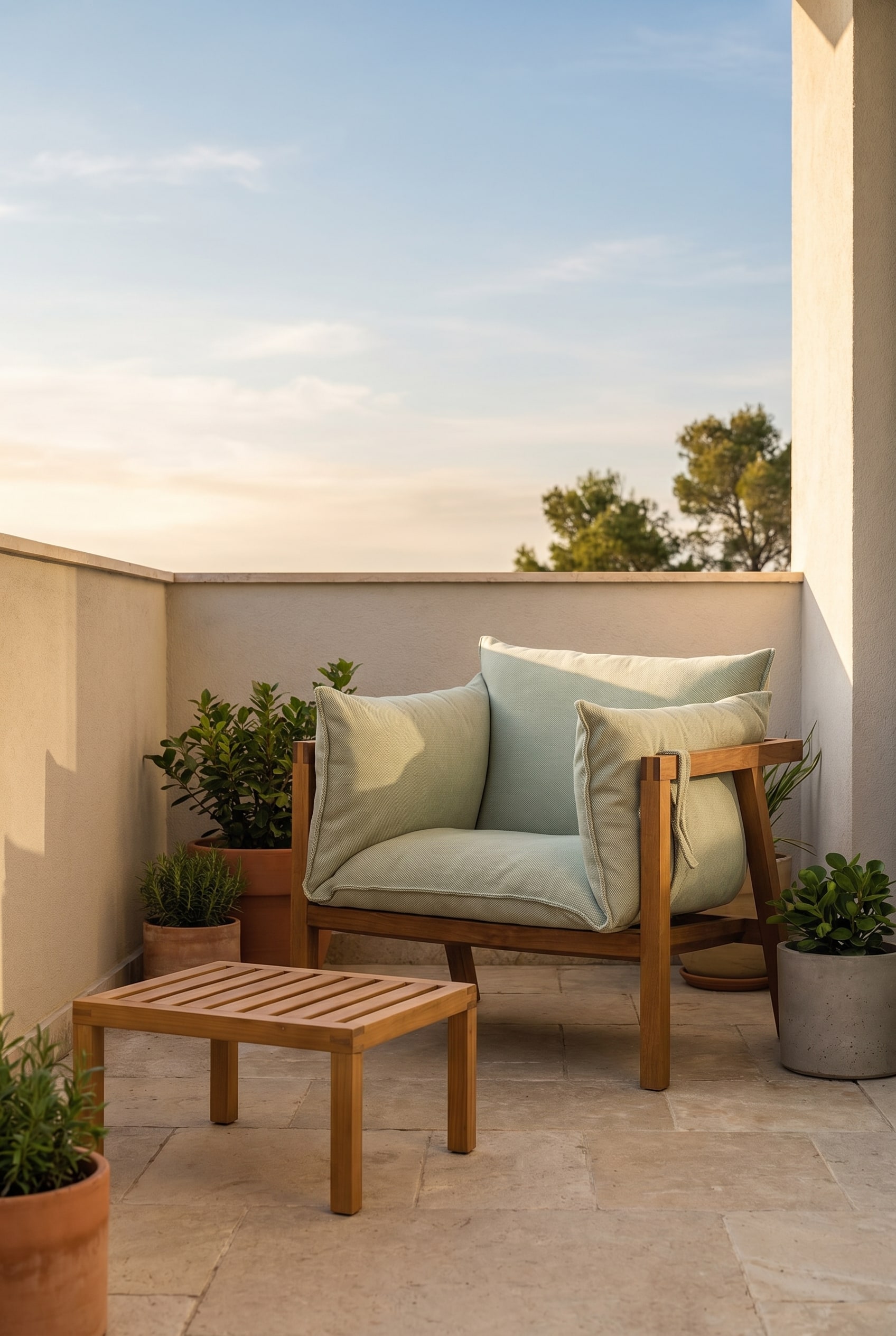 Petit balcon avec fauteuil lounge à cadre en bois et coussins profonds vert clair sur un sol en pierre naturelle