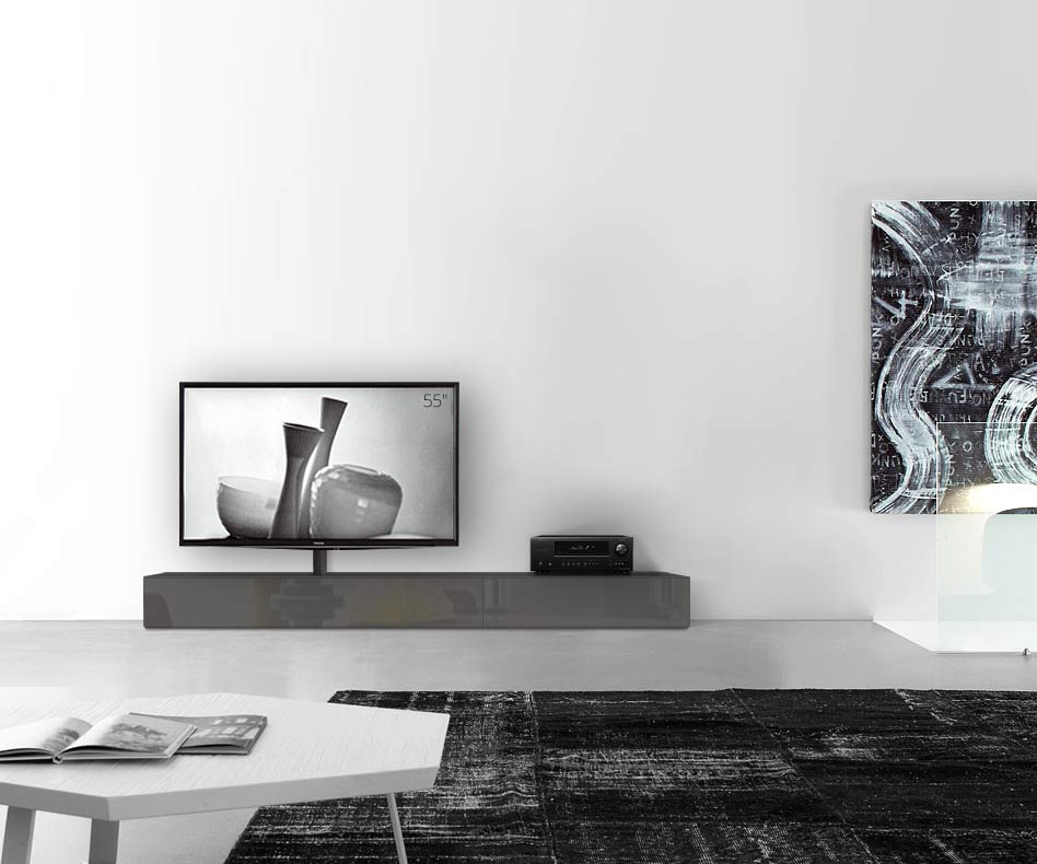 Table basse design Configurateur avec support TV au sol Largeur 240 25,5 45 gauche brillant gris foncé