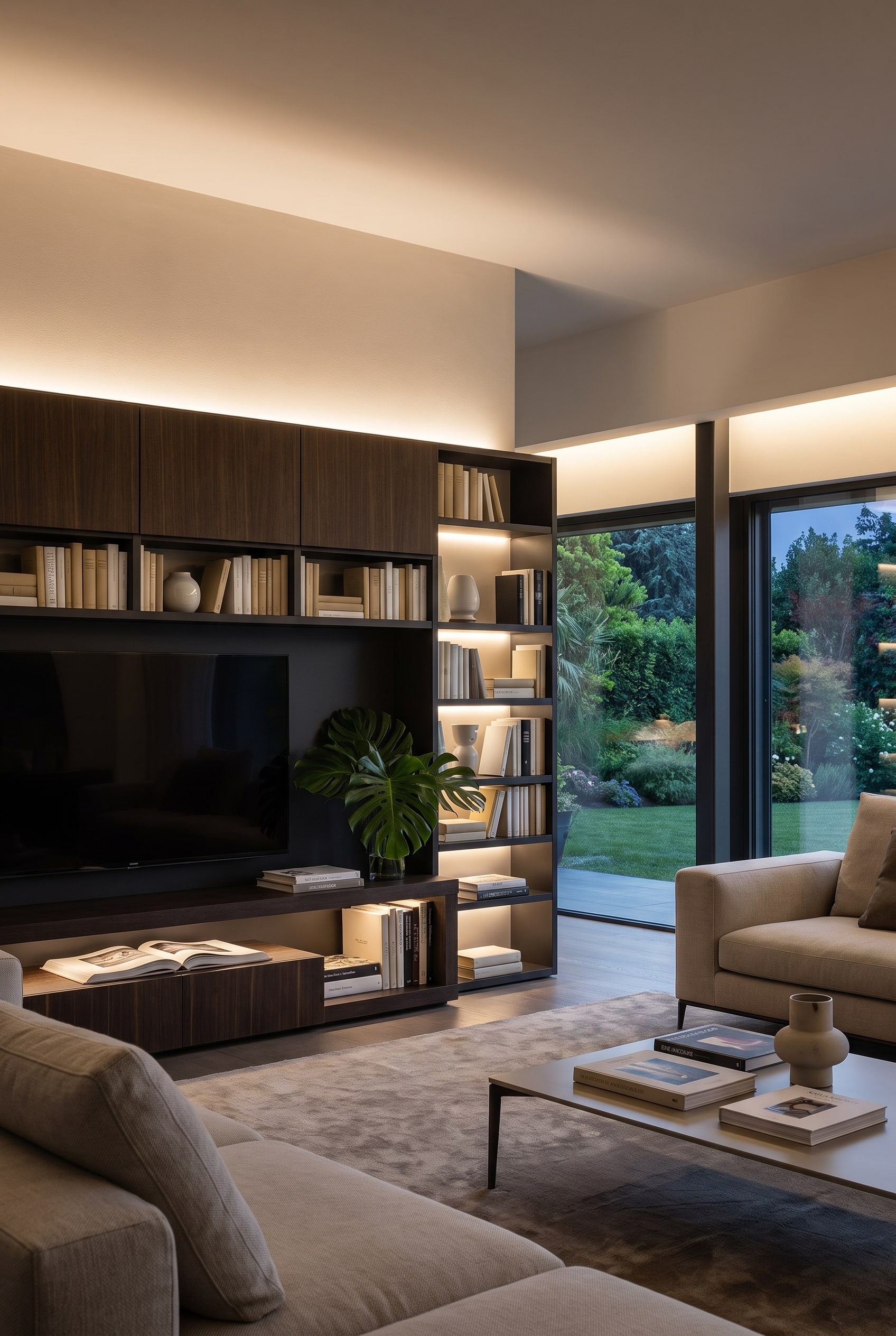 Salon avec étagère asymétrique au mur et une grande plante verte