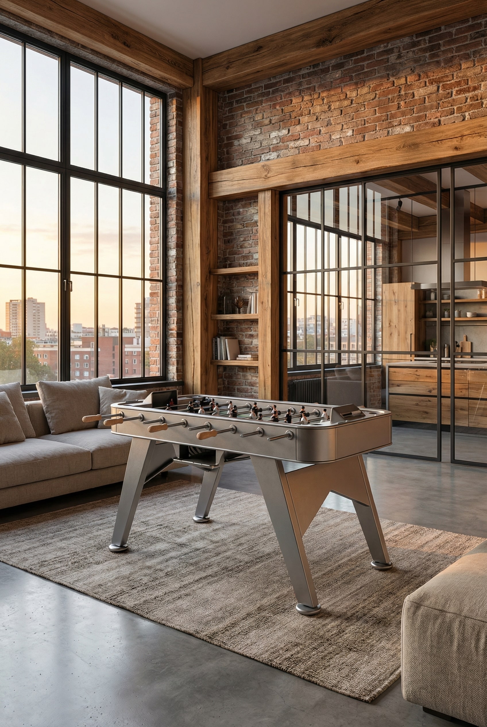 Robuster Edelstahl Tischkicker in einem stilvollen Industrie-Loft mit Sichtmauerwerk und großen Fabrikfenstern. Robuster Edelstahl Tischkicker in einem stilvollen Industrie-Loft mit Sichtmauerwerk und großen Fabrikfenstern.