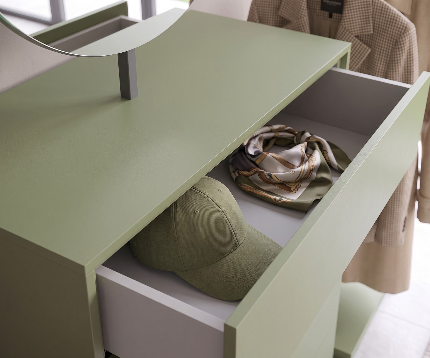 Design-Kommode Novamobili Easy 9: Geöffnete grüne Schublade für Accessoires wie Schals im Flur oder Schlafzimmer.
