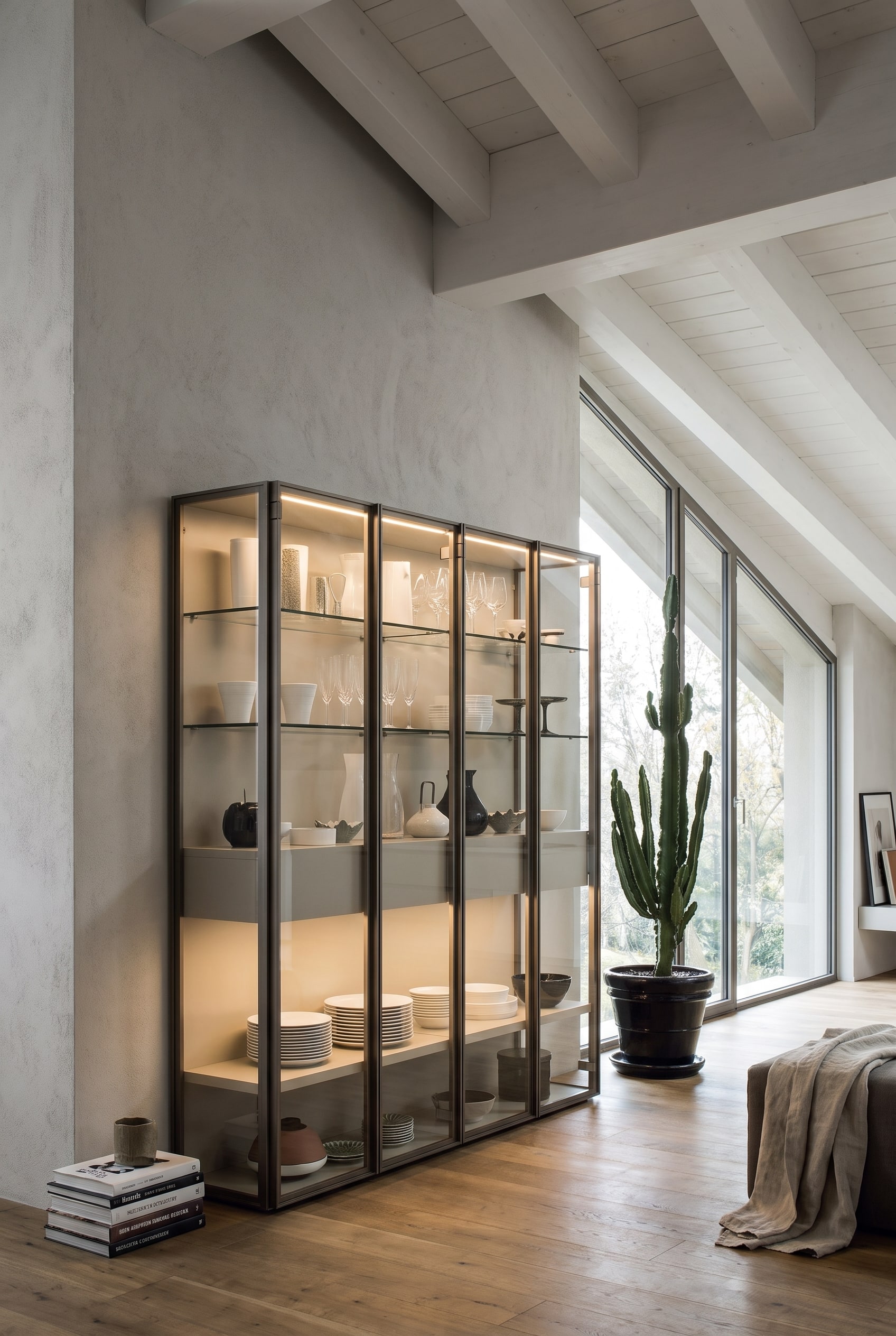 Étagère vitrine avec portes en verre couleur bronze sous les combles, qui réfléchit la lumière naturelle