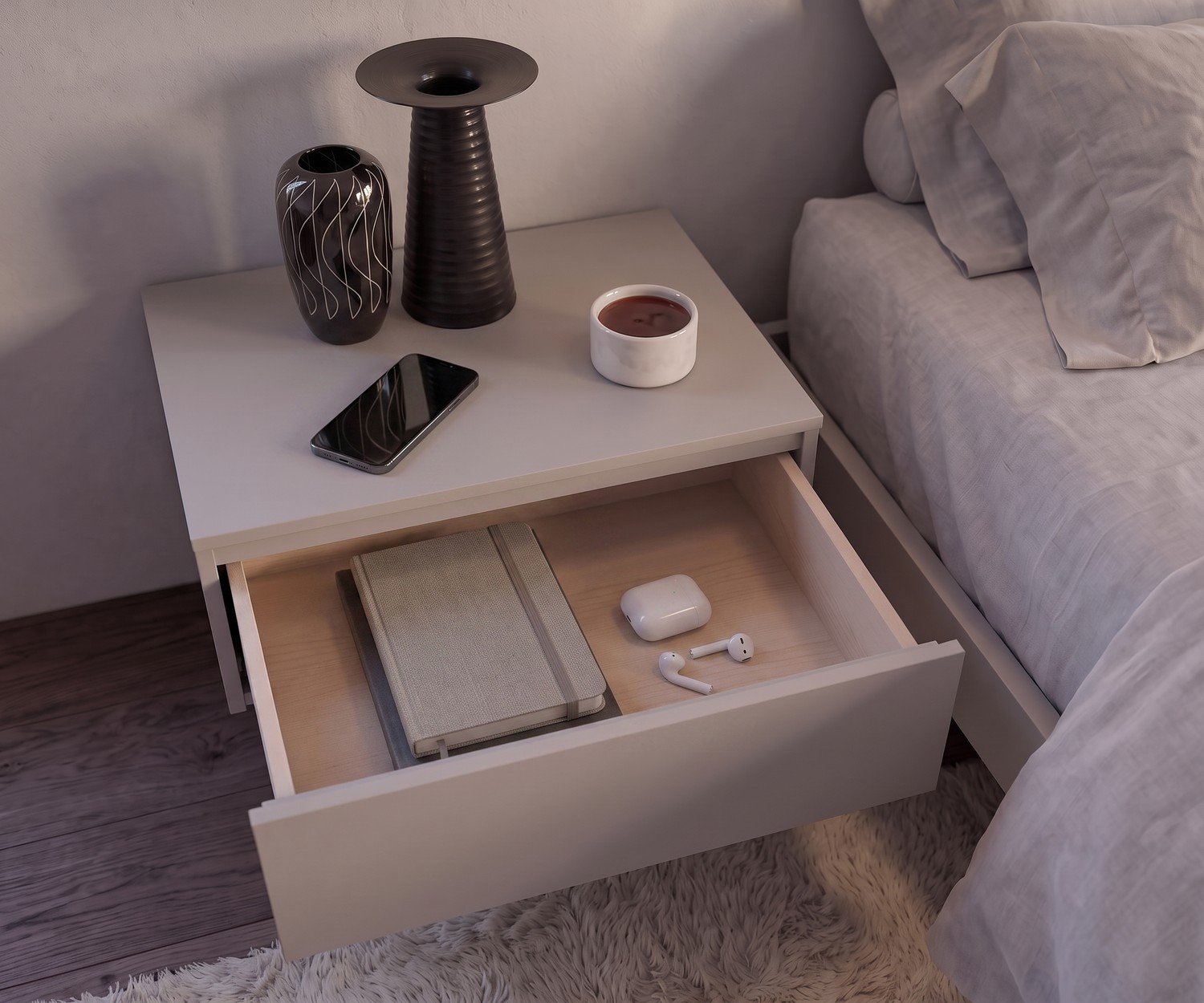 Novamobili Easy 1 Nachttisch mit Schublade Nachttisch Easy 1 von Novamobili mit geöffneter Schublade neben dem Bett, moderner griffloser Beistelltisch in Hellgrau
