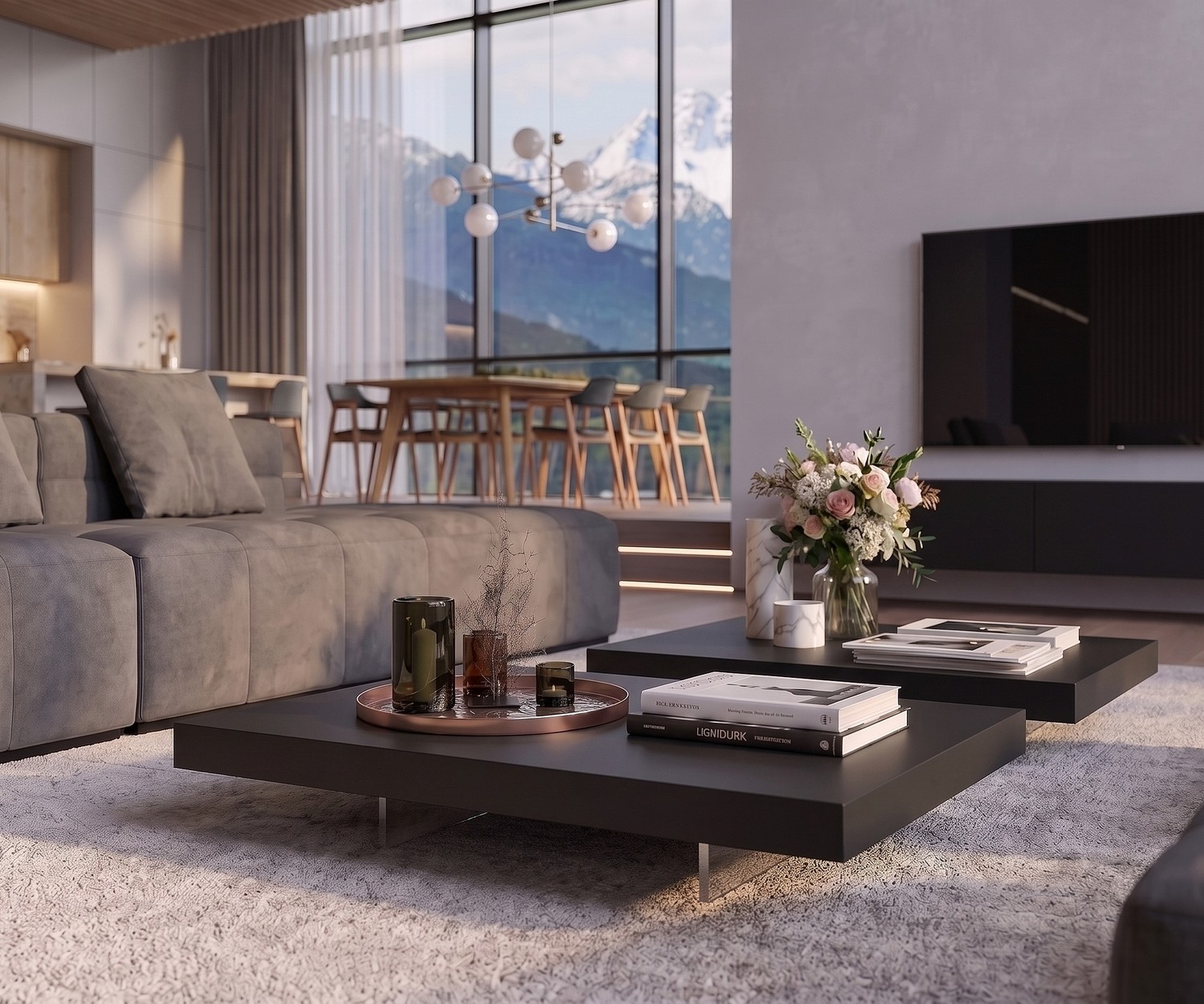 Flacher Design Couchtisch Livitalia Low Livitalia Couchtisch Low im modernen Wohnzimmer: Flacher schwarzer Design-Couchtisch auf transparenten Glasfüßen.