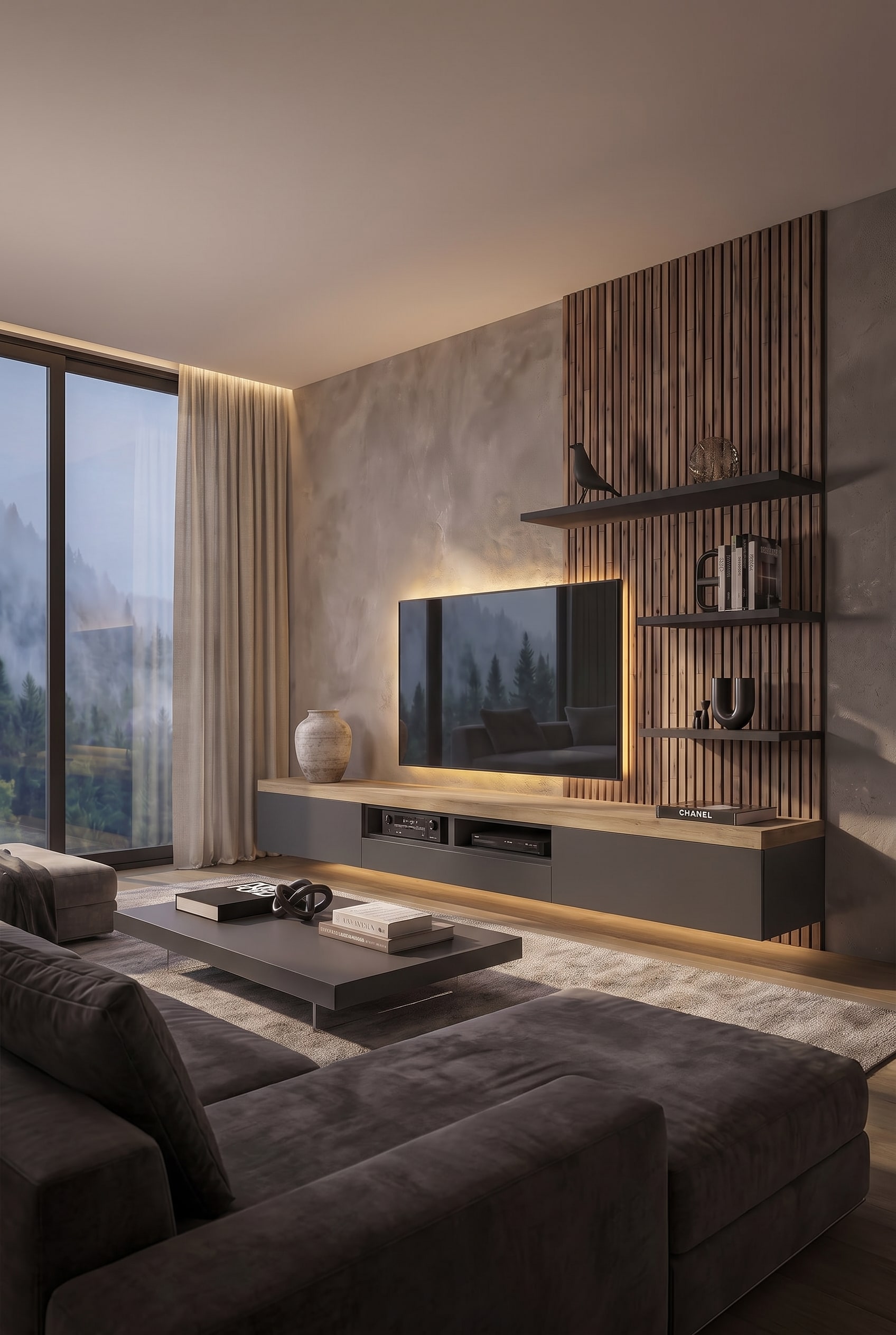 Wohnzimmer im Quiet Luxury Stil mit schwebendem, greigefarbenem Lowboard, unglasierter Keramikvase und Leinen-Vorh&auml;ngen