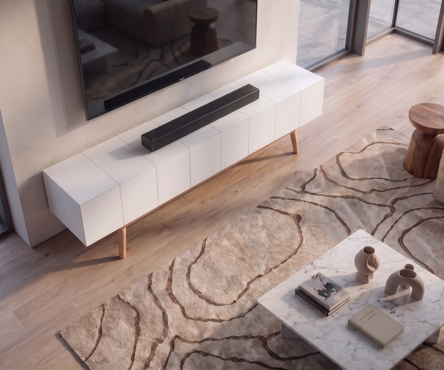 Meuble TV bas blanc MOS-I-KO 005 B avec pieds en bois Meuble TV bas al2 MOS-I-KO 005 B pour le salon en blanc mat avec pieds en bois massif de style rétro moderne.