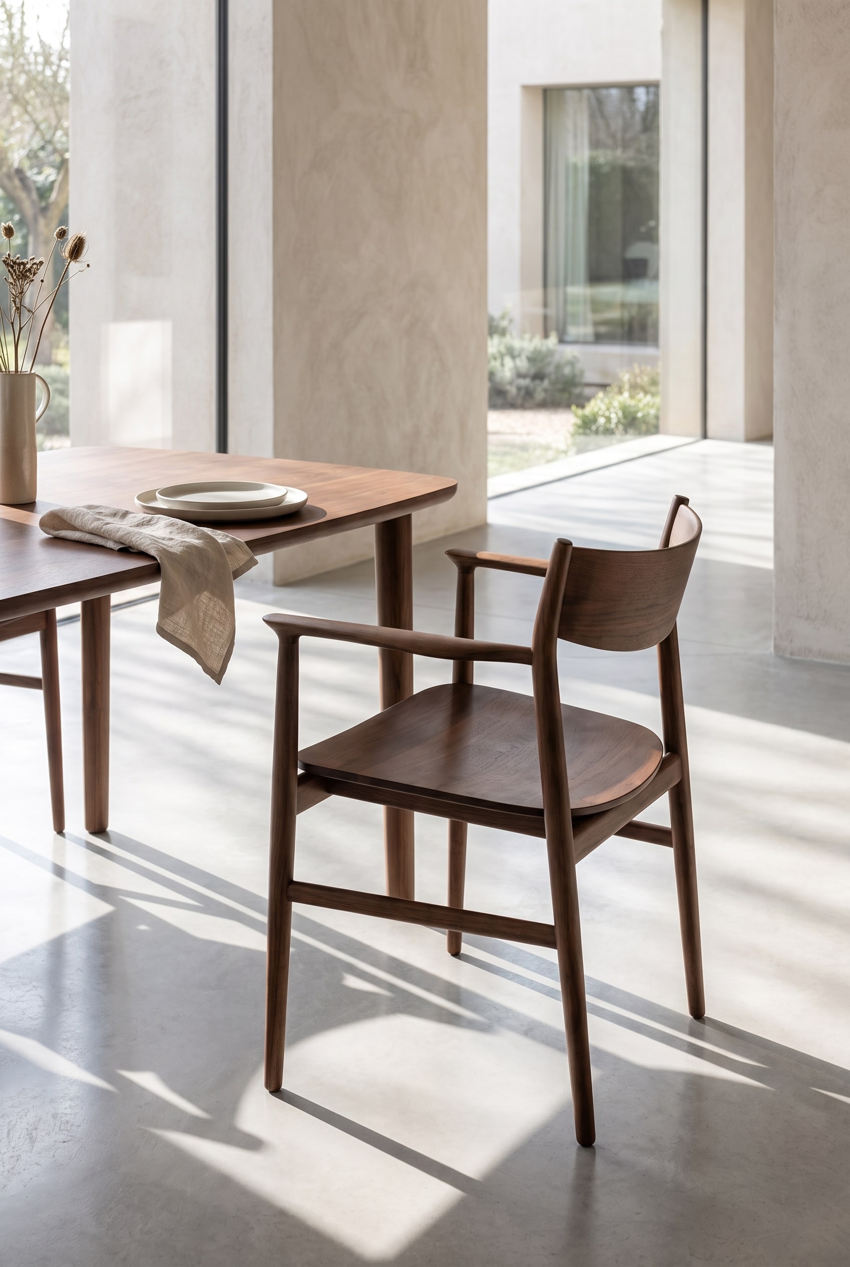 Vue détaillée dans la salle à manger avec une élégante chaise en bois de noyer aux accoudoirs fluides, près d'une table en bois foncé.
