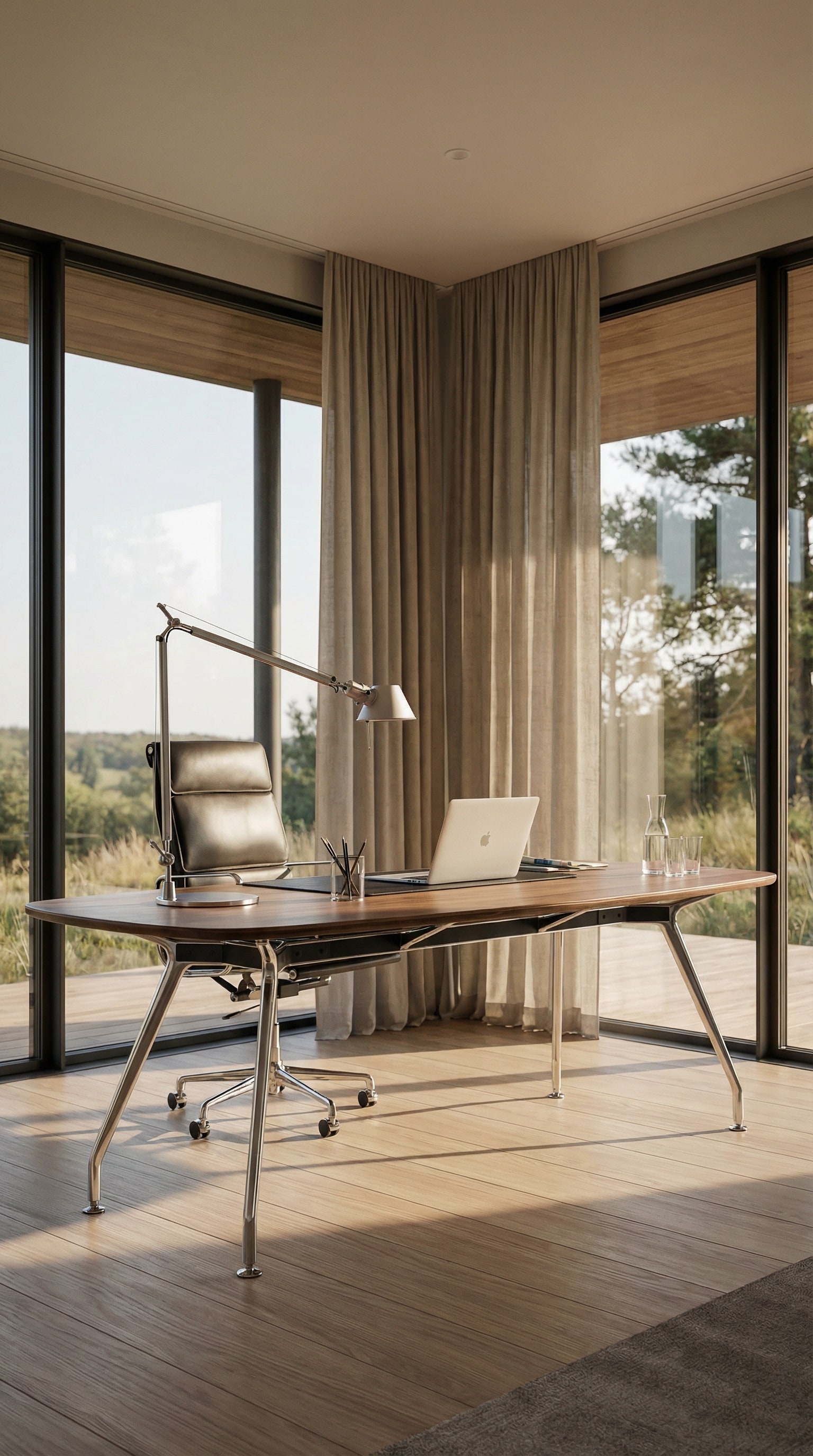 Un bureau de direction ICF Unitable sculptural en bois noble, autoportant dans un salon lumineux avec des fen&ecirc;tres du sol au plafond