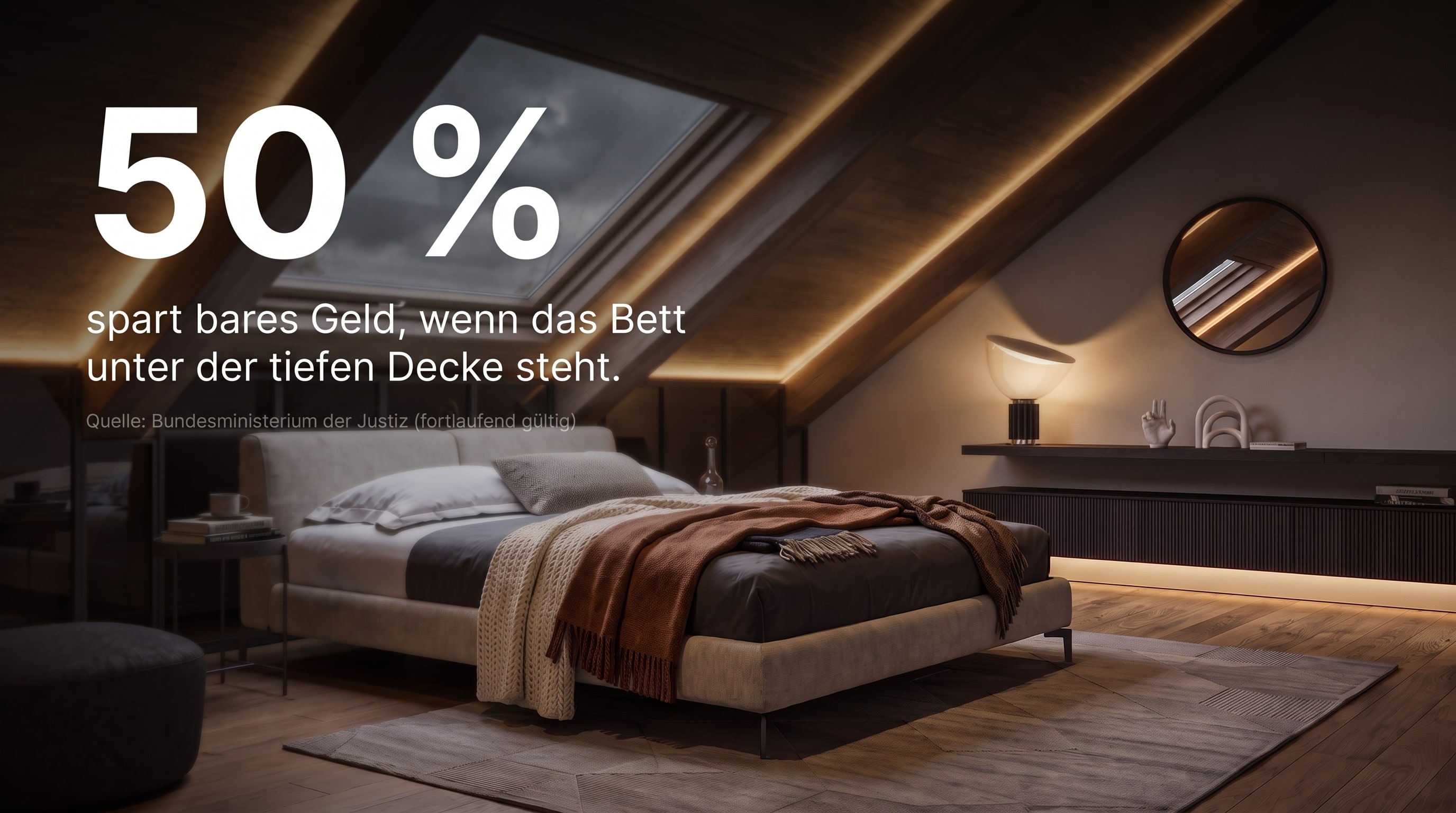 50 % &ndash; &eacute;conomise de l'argent si le lit est plac&eacute; sous le plafond bas.