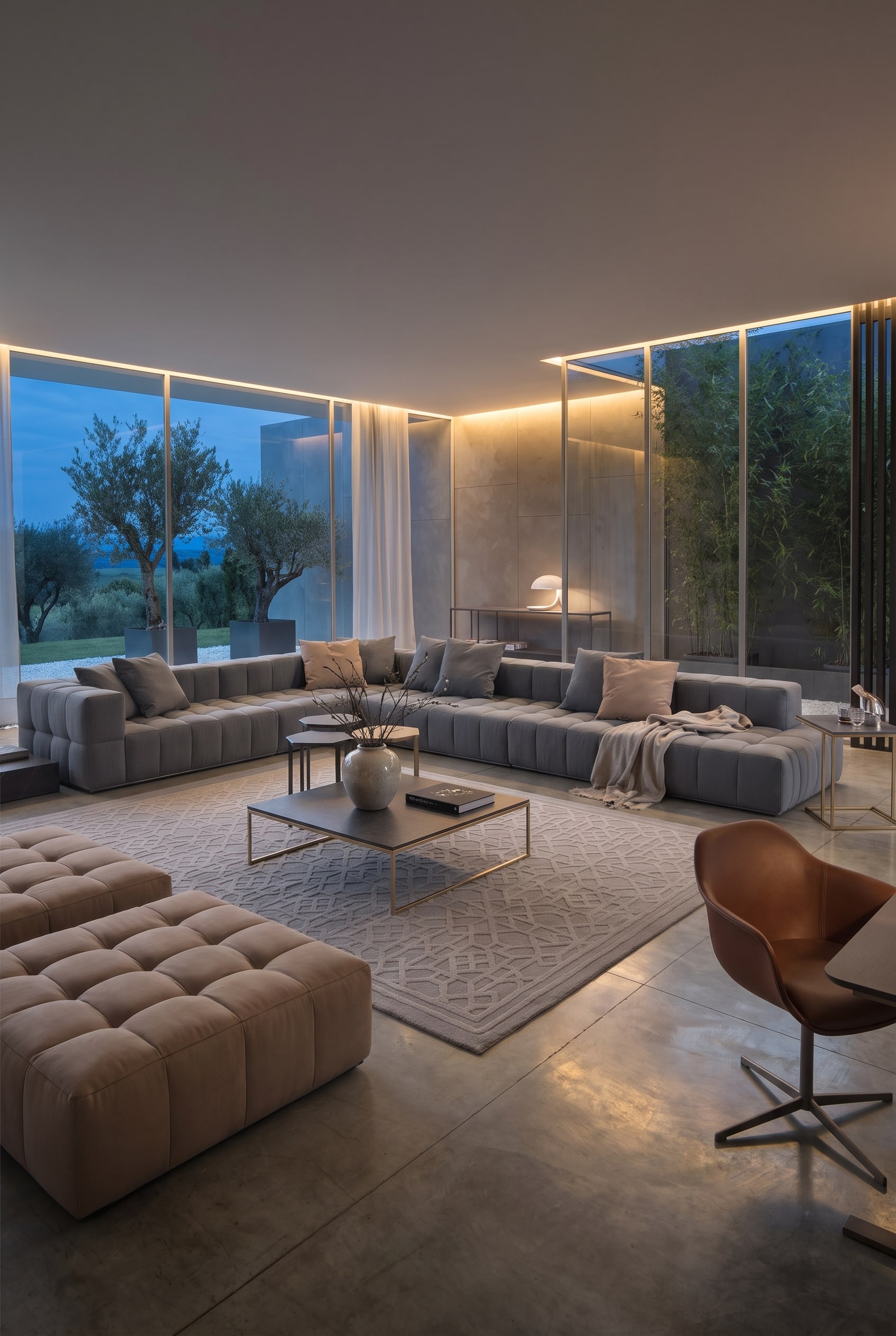 Salon moderne avec un grand canap&eacute; modulaire en tissu gris, plac&eacute; en &icirc;lot de vie autoportant au centre de la pi&egrave;ce.