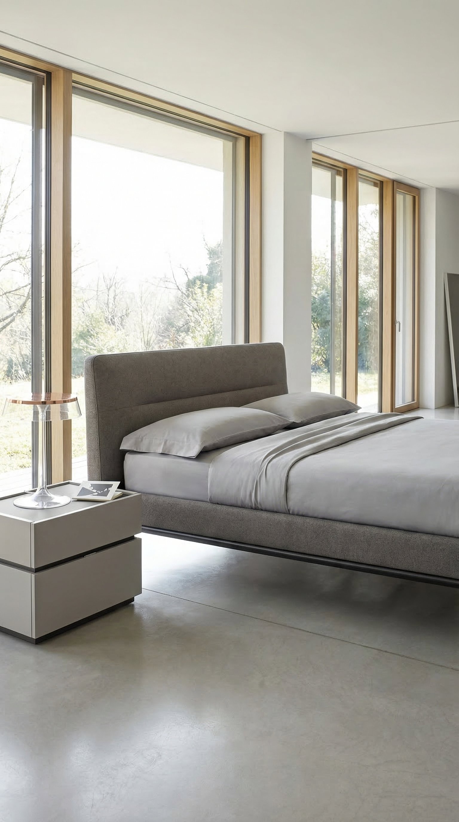 Minimalistisches skandinavisches Schlafzimmer mit glattem grauen Bettbezug