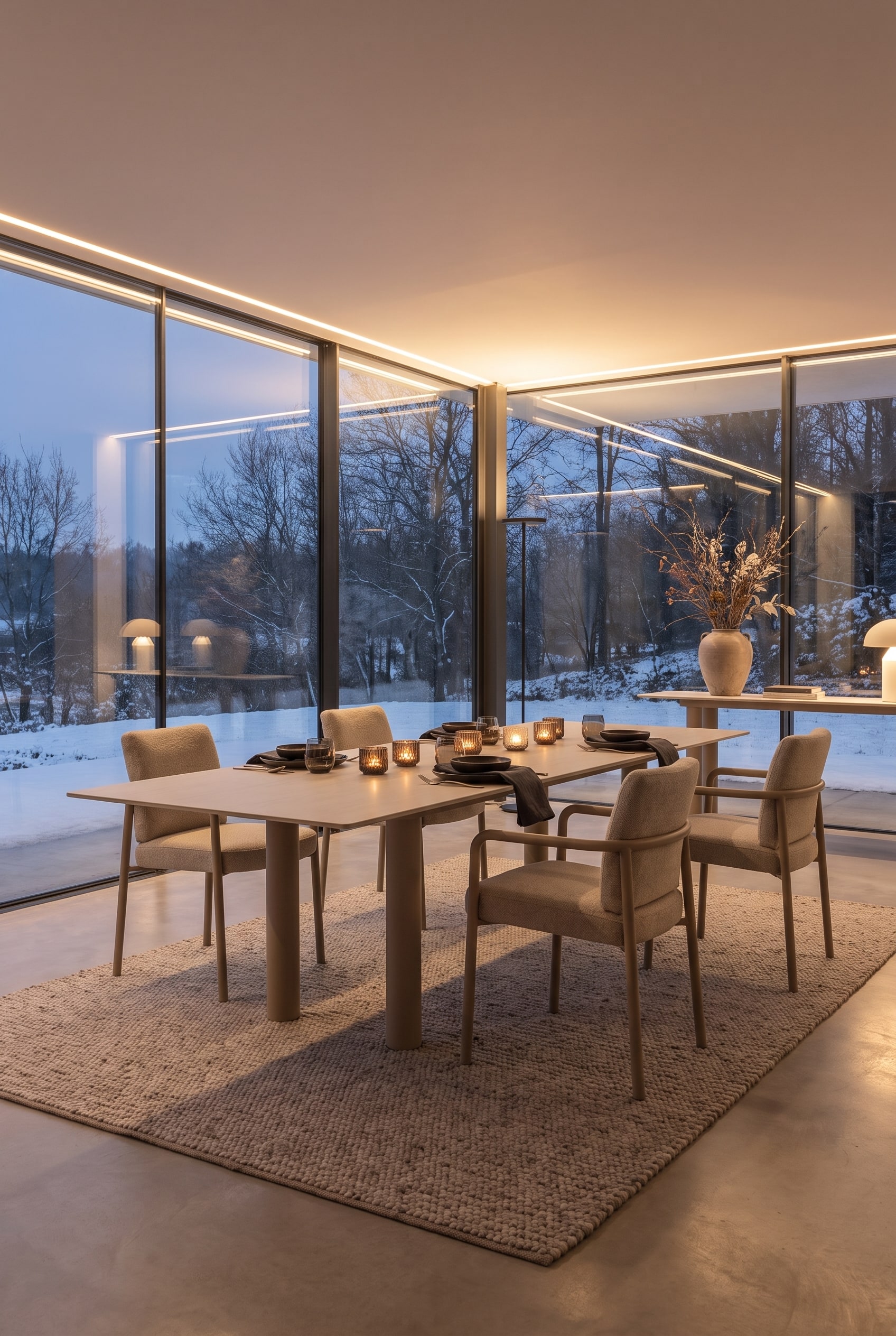 Grande table à manger élégante en matériau clair dans un jardin d'hiver, entourée de fauteuils rembourrés sur un tapis moelleux. Table élégamment dressée avec de la vaisselle en céramique.