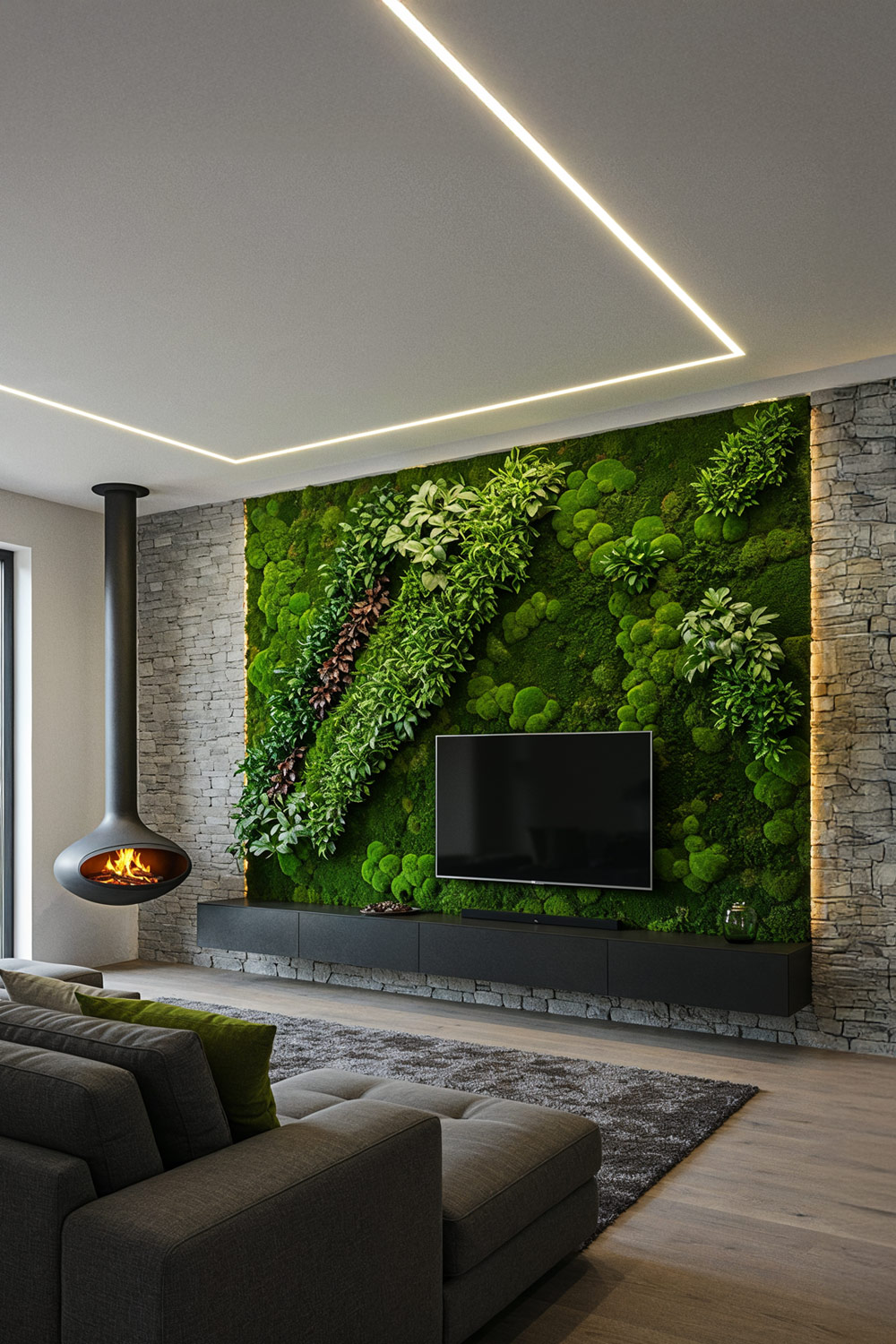 Wohnzimmer-mit-Kamin-hangend-von-Decke-Moos-Wand-mit-Box-Lowboard